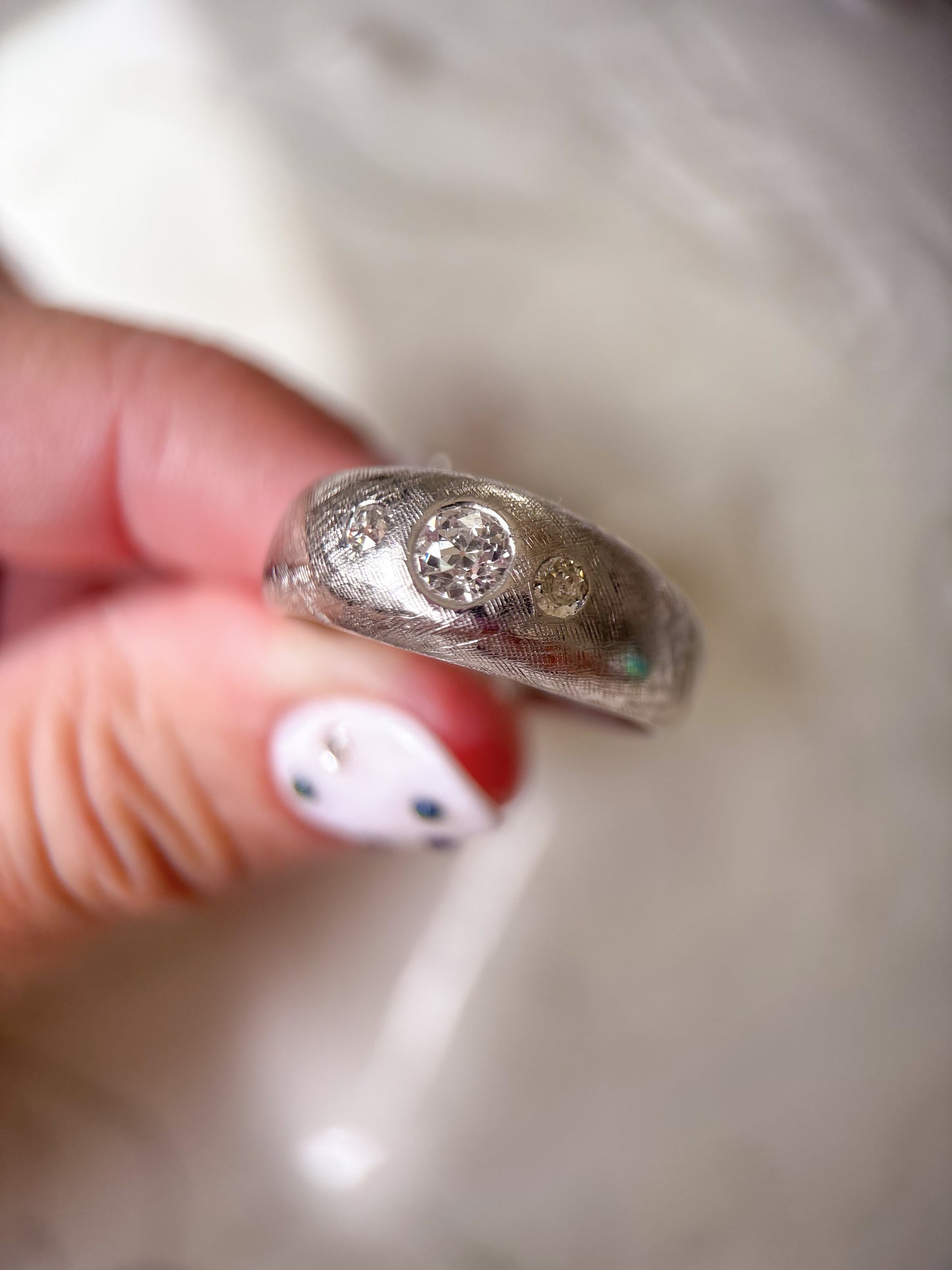 Vintage Natural Diamond Three Stone 14k White Gold Mens Ring