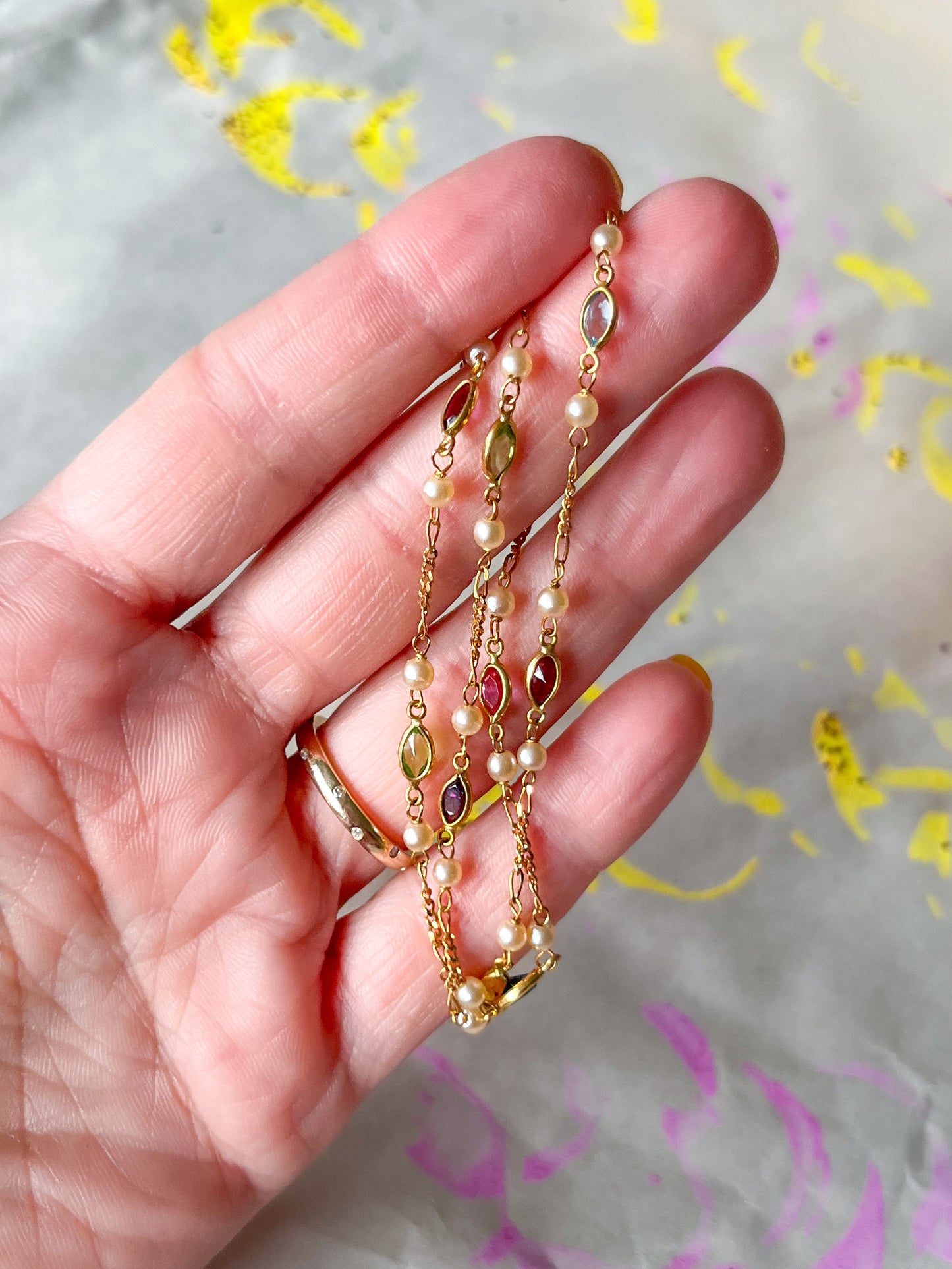 Vintage Pearl and Natural Gemstone 18k Yellow Gold 16 Inch Chain Necklace