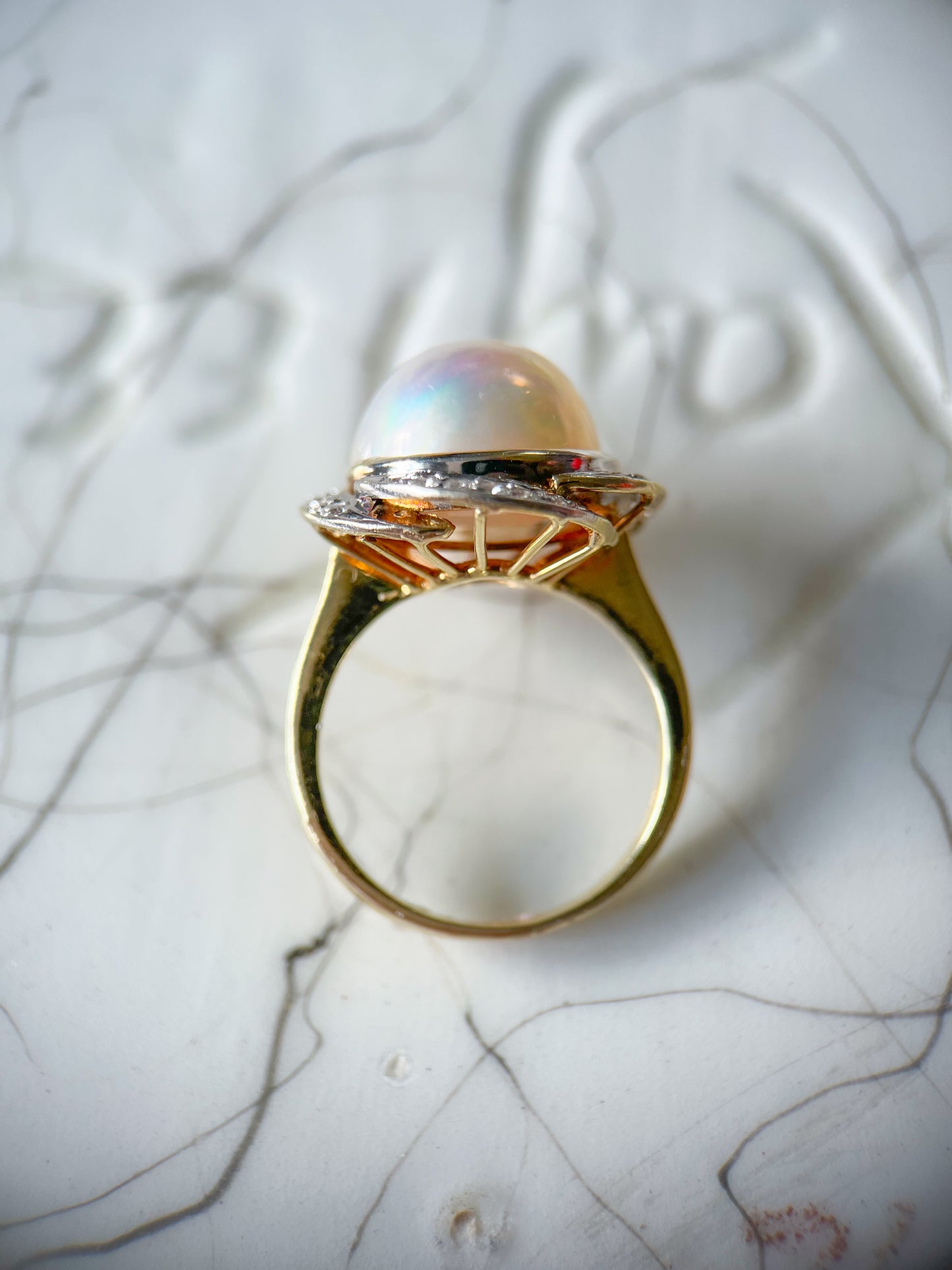 Vintage Pearl and Natural Diamond 14k Yellow Gold Statement Ring