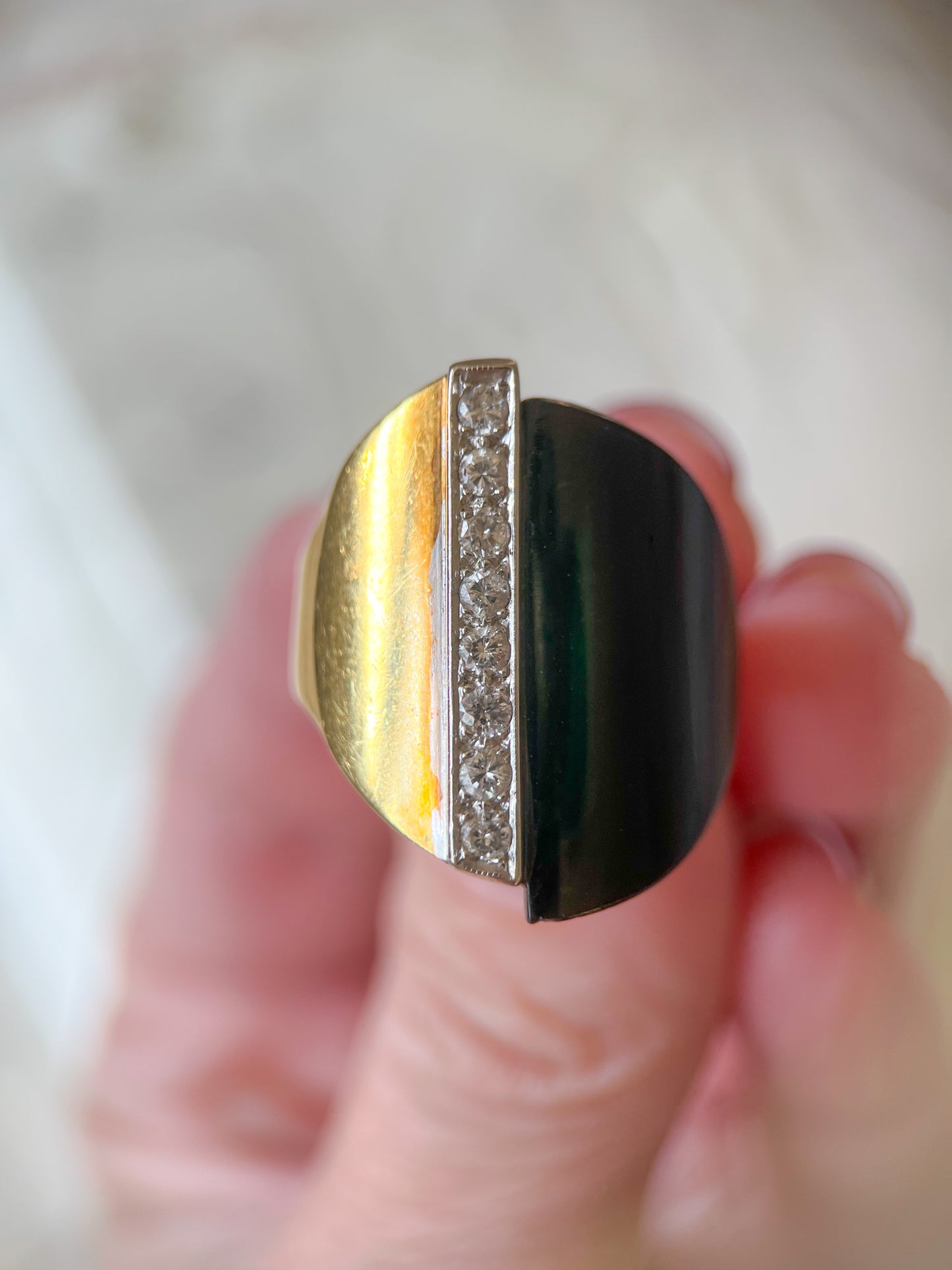 Vintage Onyx and Natural Diamond 18k White and Yellow Gold Ring, circa 1960s