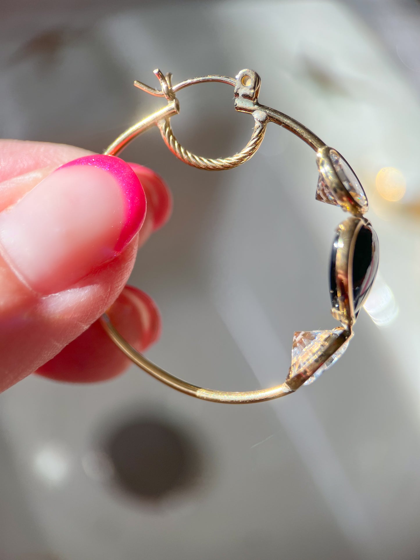 Vintage Onyx and CZ Three Stone Hoop Earrings