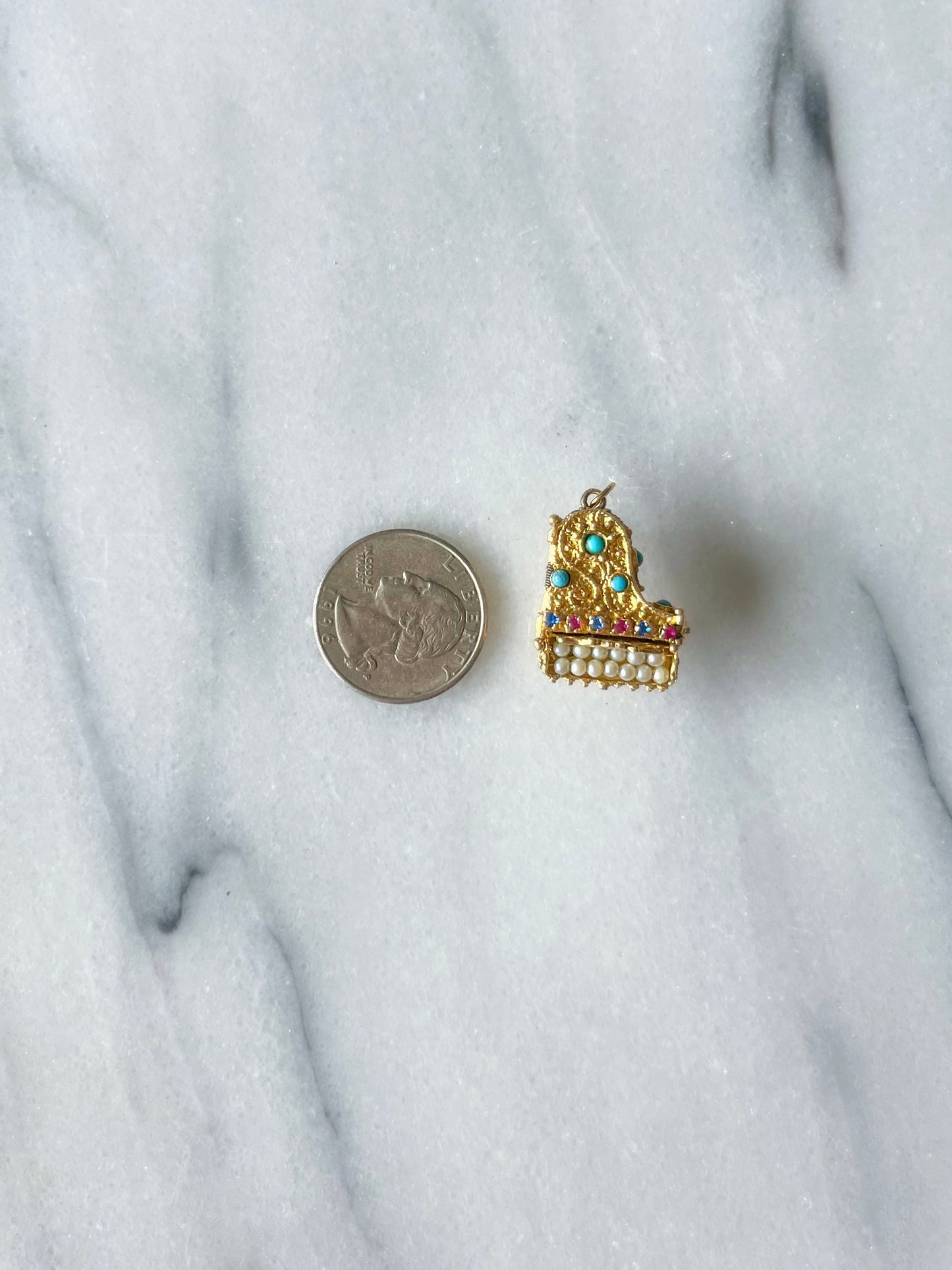 Vintage Grand Piano Charm - Ruby, Sapphire, Pearl, Turquoise and 14k Yellow Gold, circa 1950s