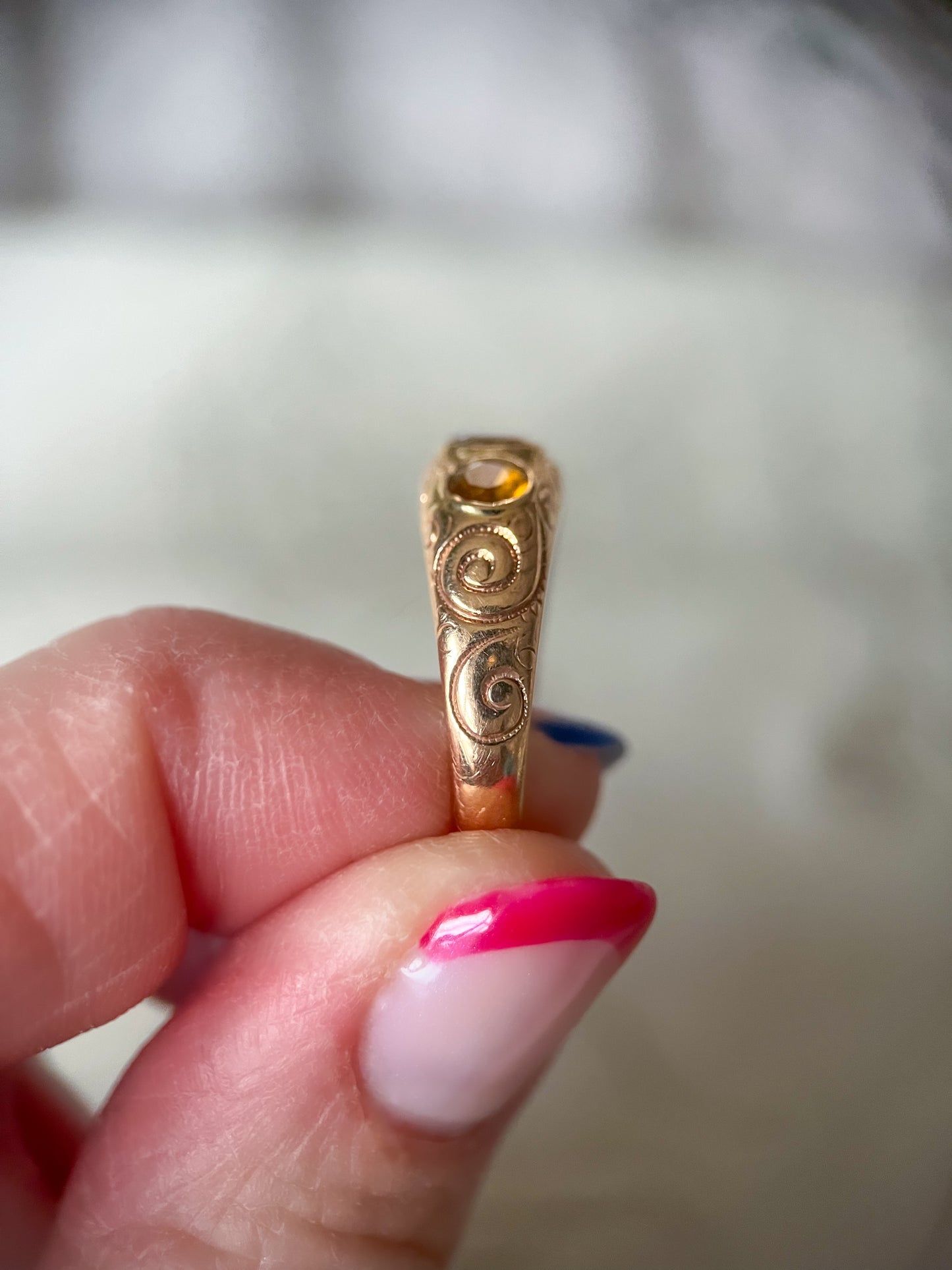 Vintage Three Stone Natural Citrine 10k Yellow Gold Ring