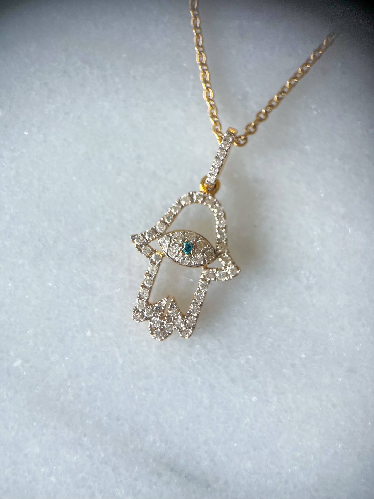 Hamsa Charm with Natural Diamonds and Natural Sapphire 14k Yellow Gold
