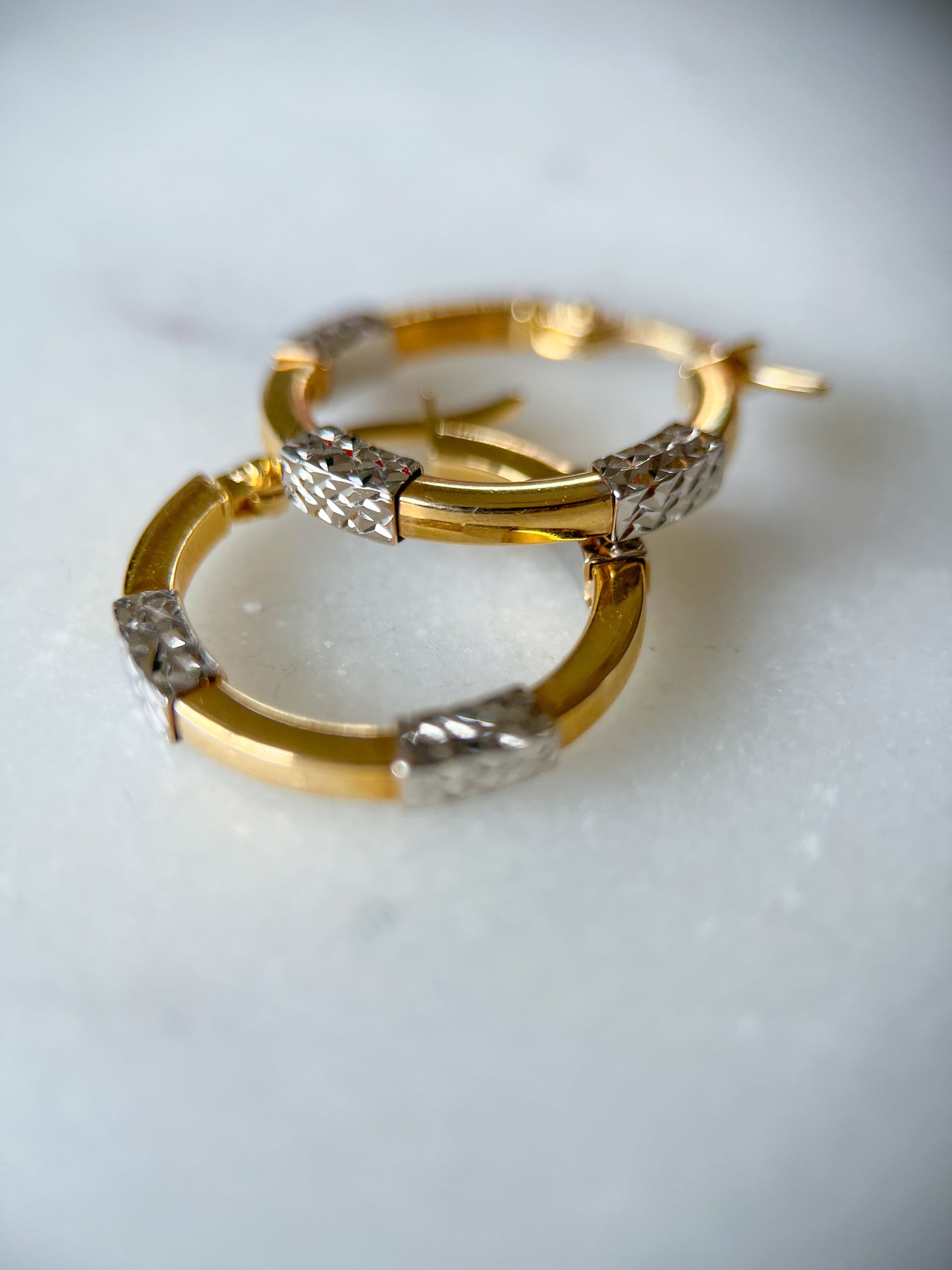 Vintage Two Toned 14k Yellow and White Gold Hoop Earrings