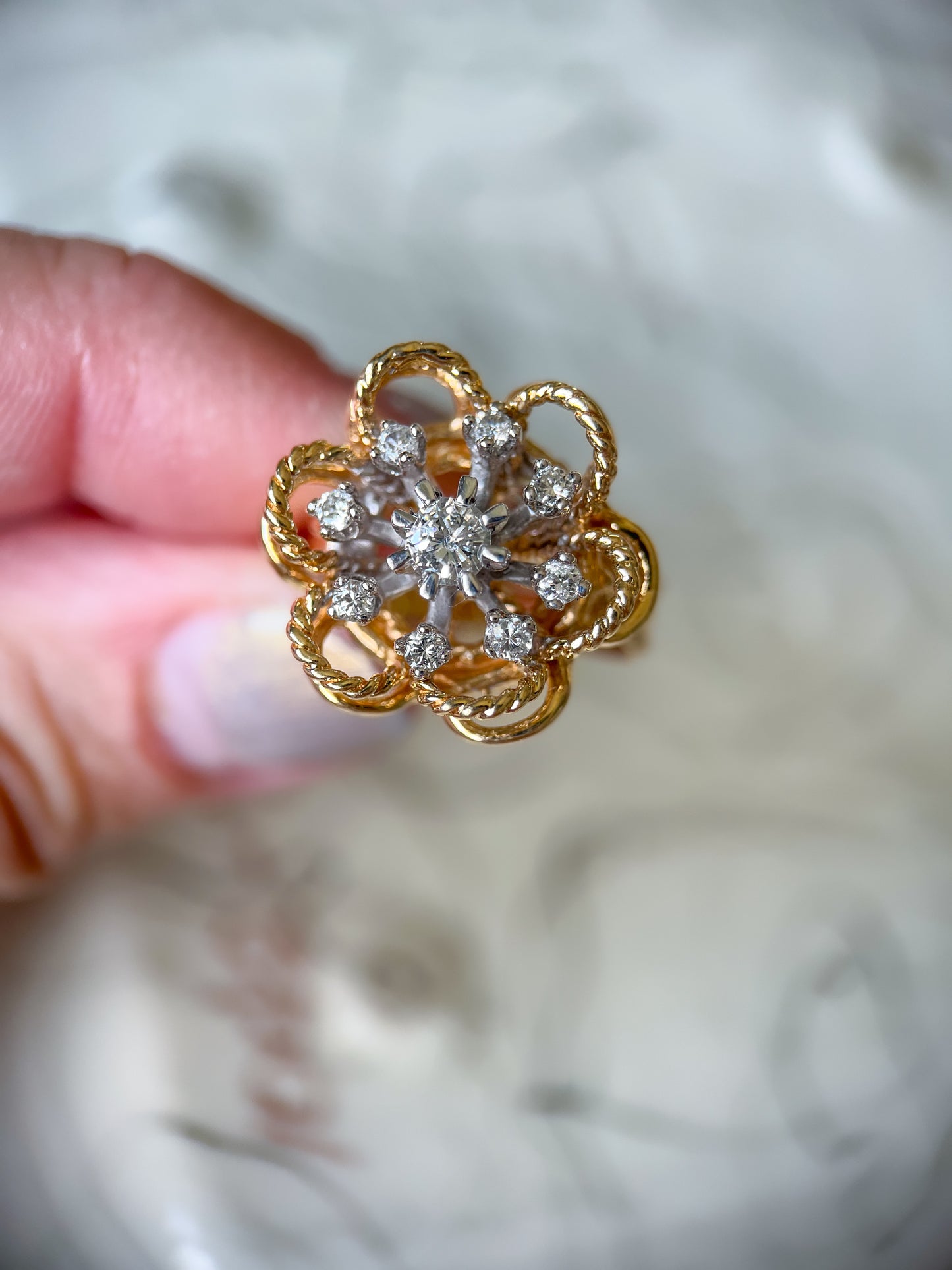 Vintage Flower Natural Diamond Rings in 14k Yellow Gold