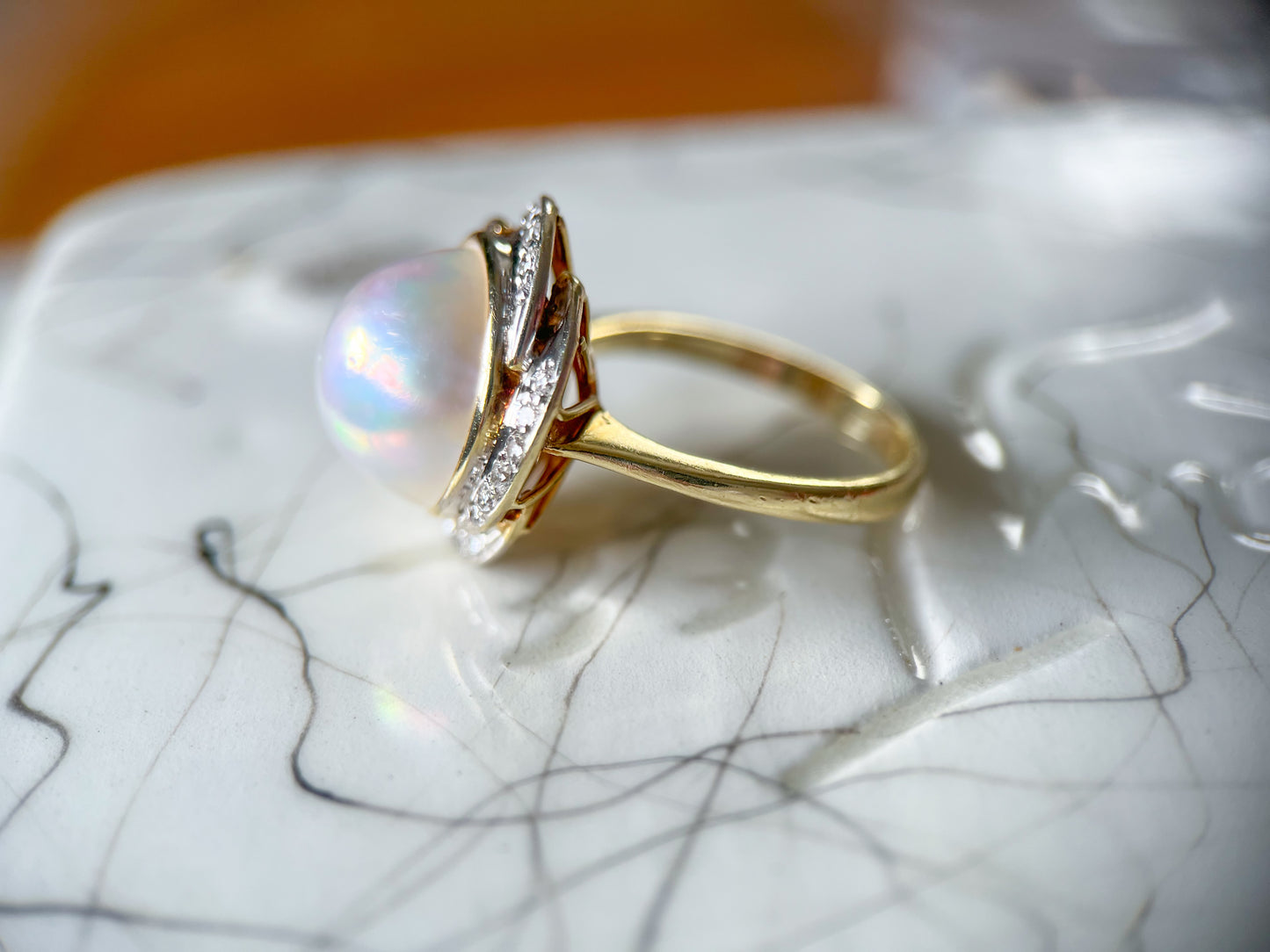 Vintage Pearl and Natural Diamond 14k Yellow Gold Statement Ring