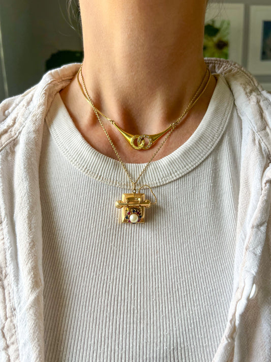 Vintage Telephone with Gemstones and Pearls 14k Yellow Gold Charm, circa 1950s