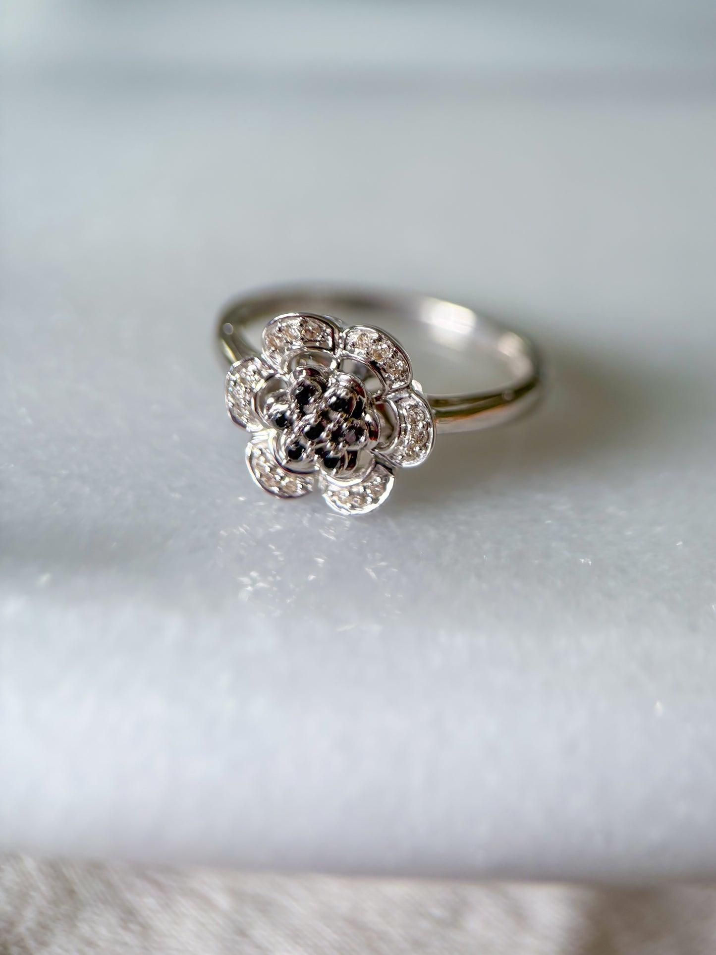 Vintage Natural Black Diamond Flower 14k White Gold Ring