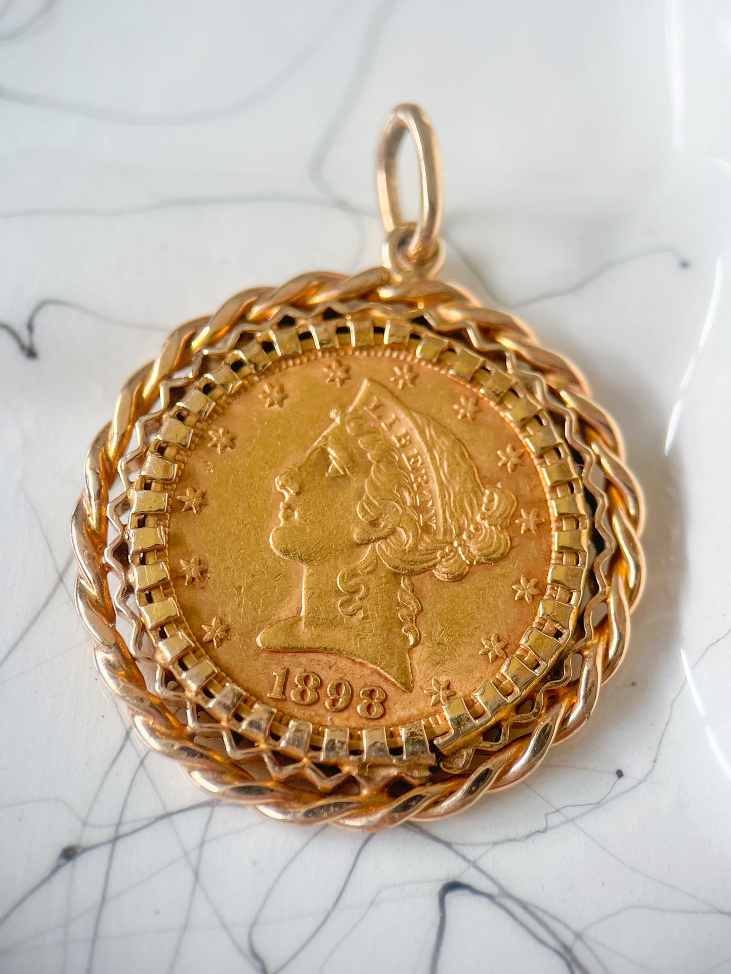 Vintage U.S. Liberty Head 21k Yellow Gold 5 Dollar Coin Pendant