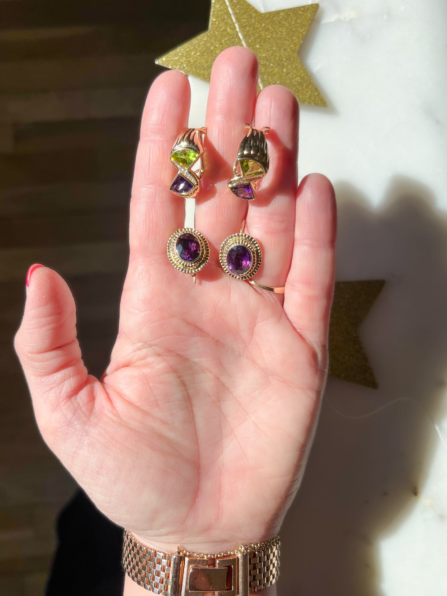 Vintage Natural Amethyst, Peridot and Diamond 14k Yellow Gold Earrings, circa 1980s