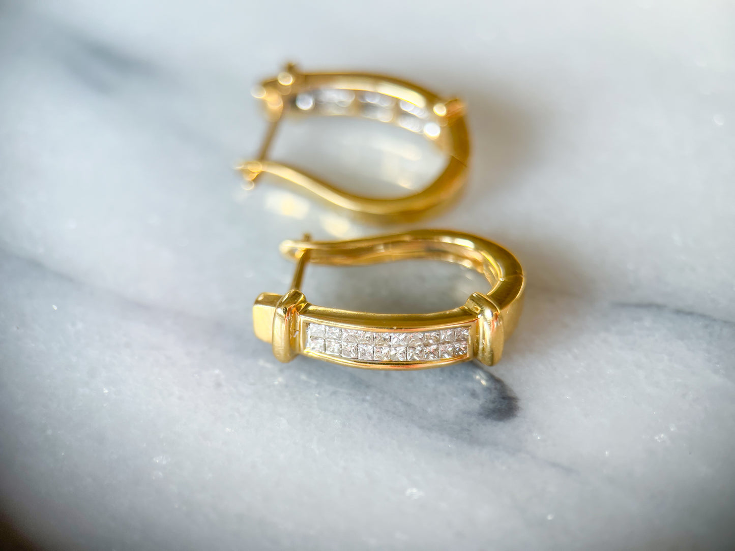 Natural Princess Cut Diamonds 14k Yellow Gold Hoop Earrings