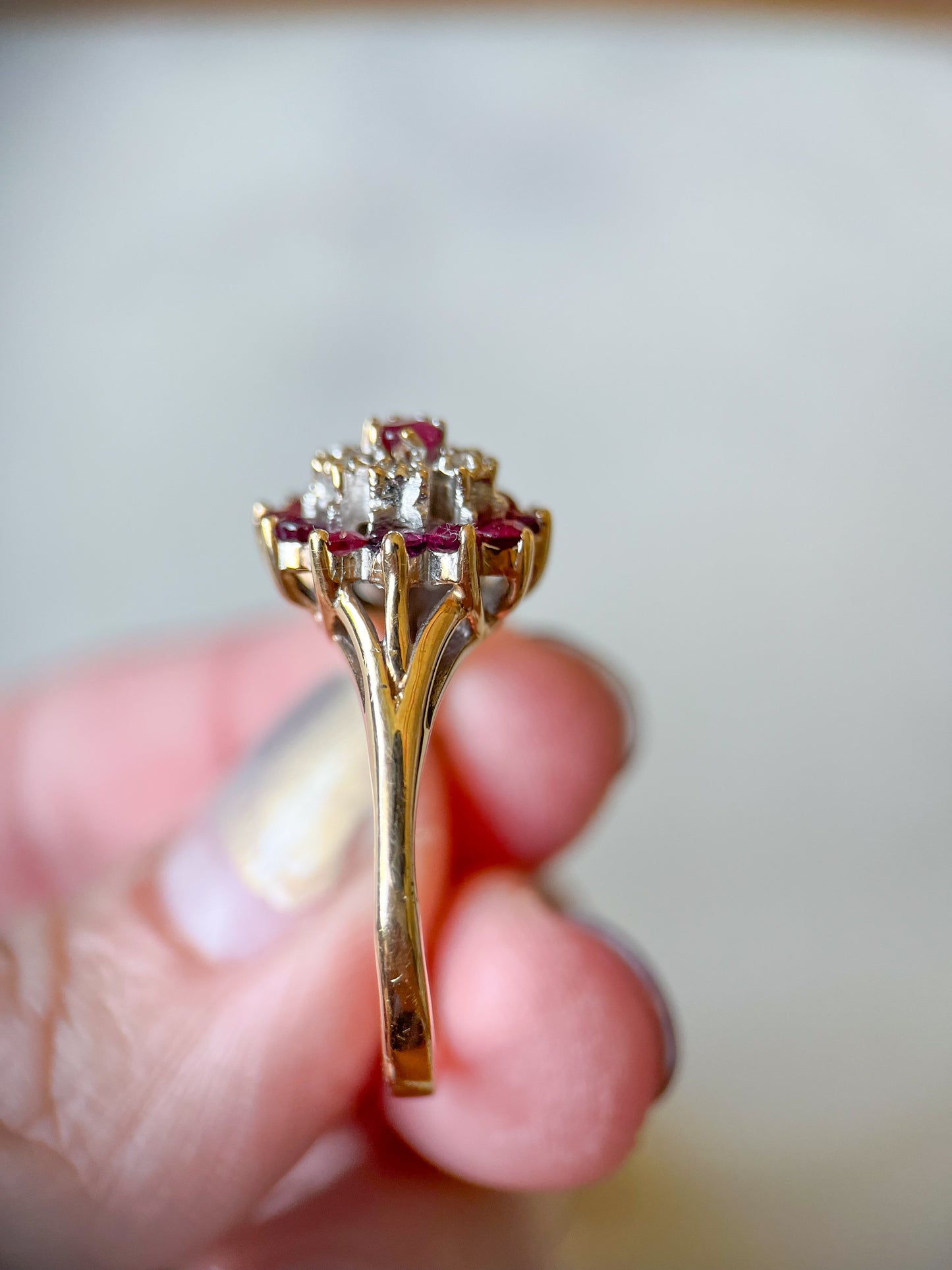 Vintage Natural Ruby and Natural Diamond Cluster 14k Yellow Gold Ring