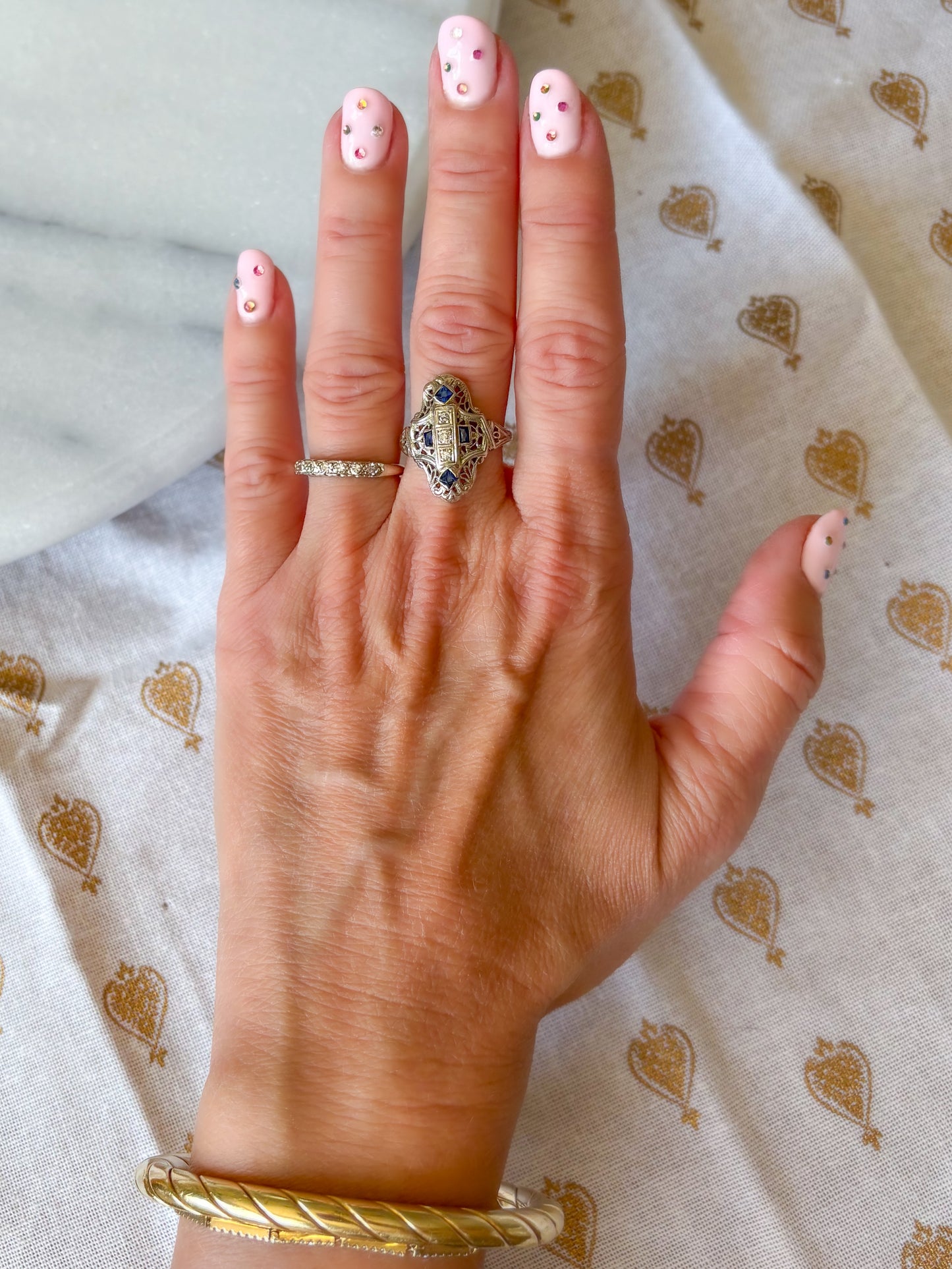 Vintage Natural Diamond and Natural Sapphire 14k White Gold Statement Ring