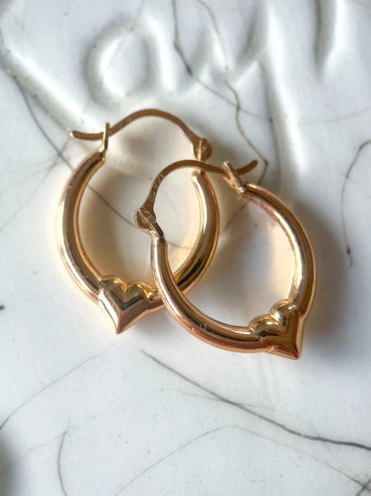 Vintage Heart 10k Yellow Gold Hoop Earrings
