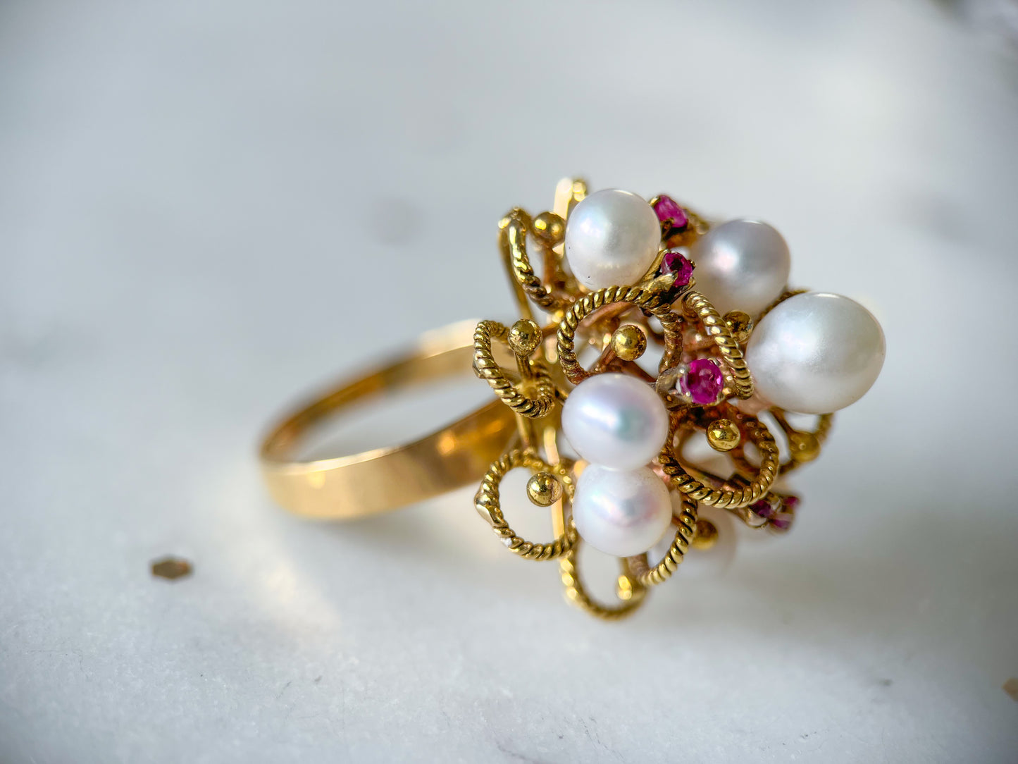 Vintage Cocktail Ring with Pearls and Rubies set in 14k Yellow Gold