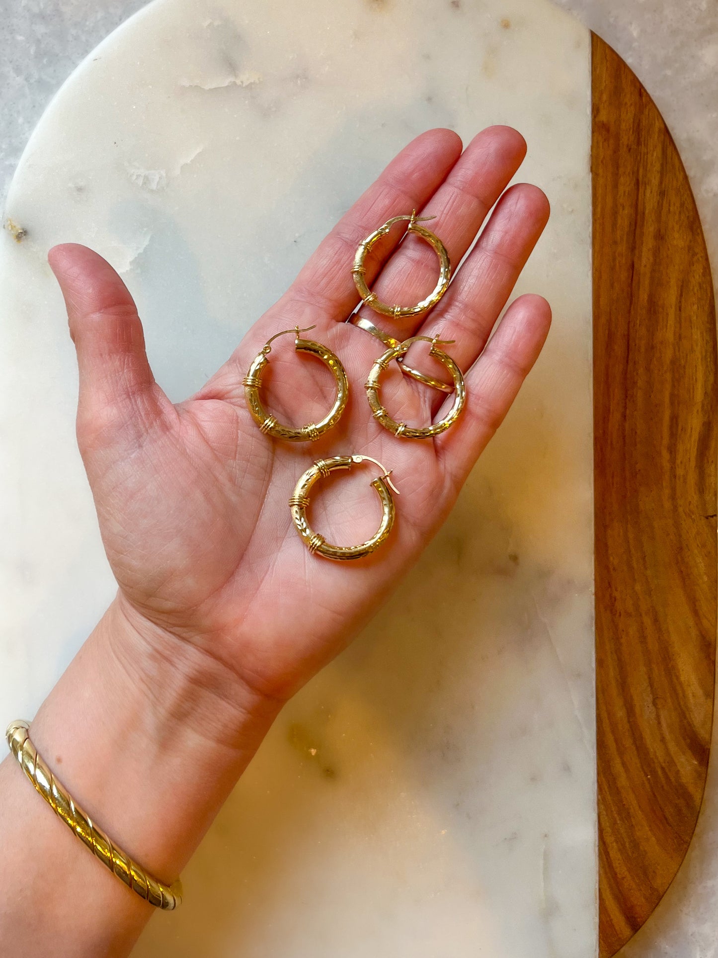 14k Yellow Gold Decorative Tube Hoop Earrings - Two sizes