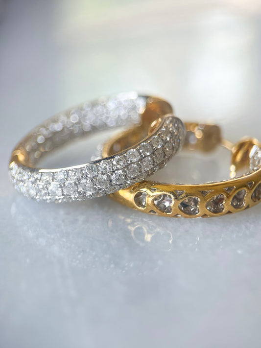 Natural Diamond Encrusted 14k Yellow Gold Large Huggie Earrings with Heart Cut Outs