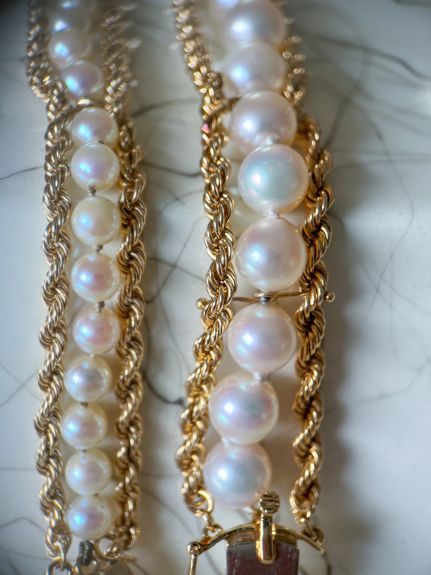 Various Vintage Pearl and Rope Chain 14k Yellow Gold Bracelets