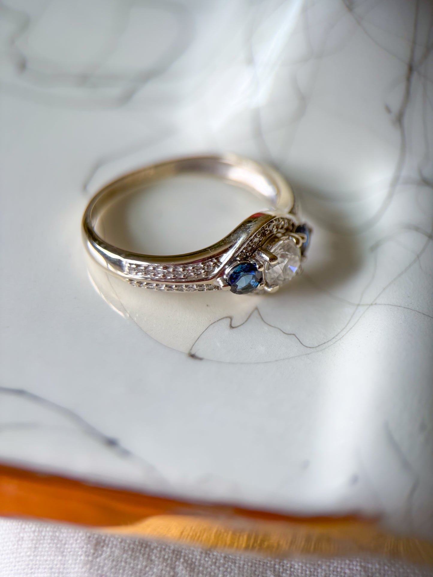 Vintage Natural Diamond and Natural Sapphire 14k White Gold Ring