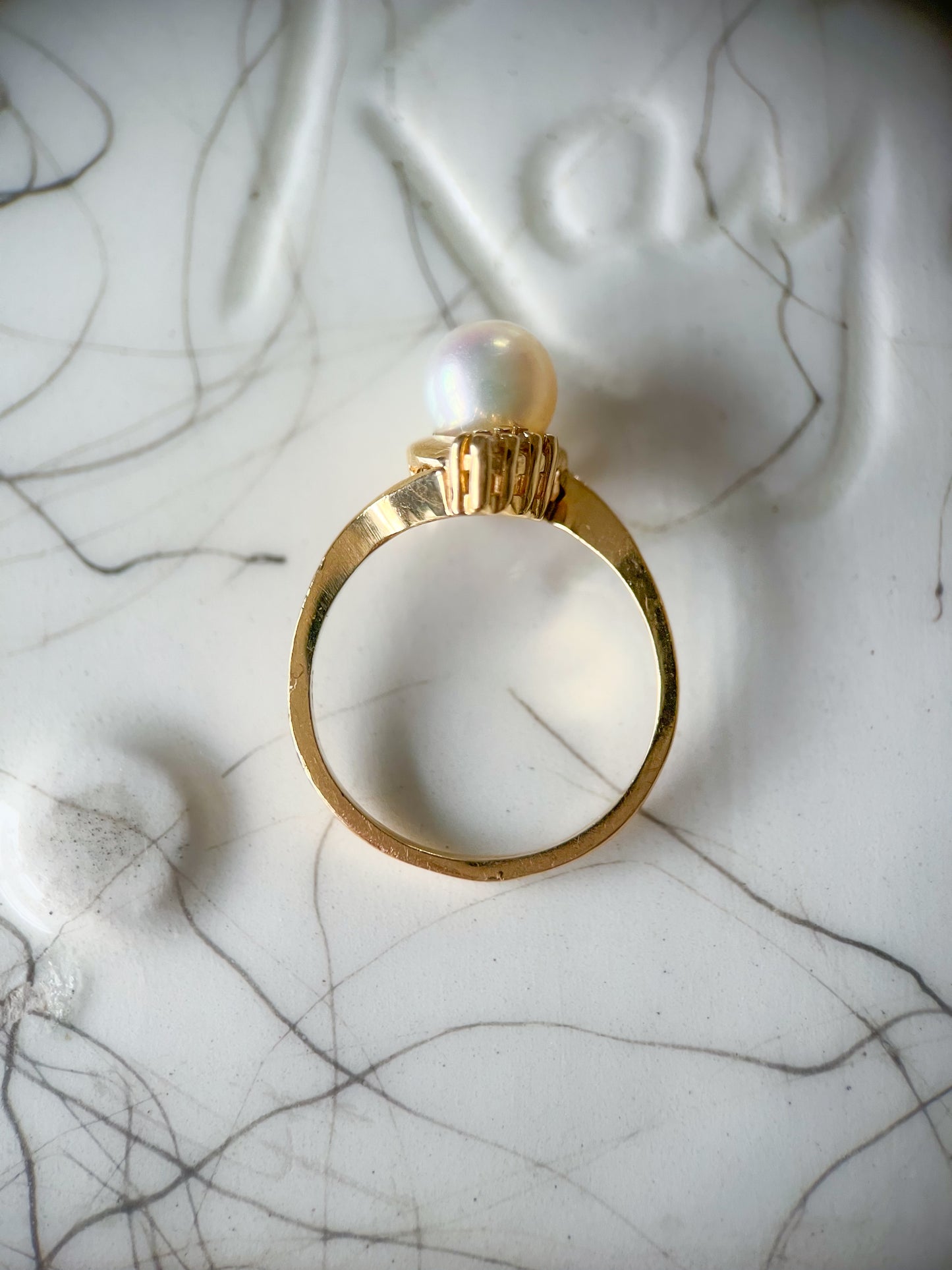 Vintage Natural Pearl and Natural Diamond 14k Yellow Gold Ring