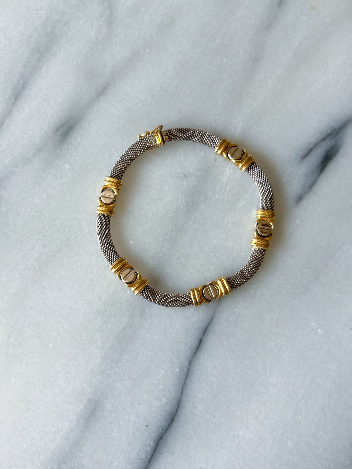 Vintage Mesh Two Toned with Screw Accents 14k White and Yellow Gold 8 Inch Bracelet