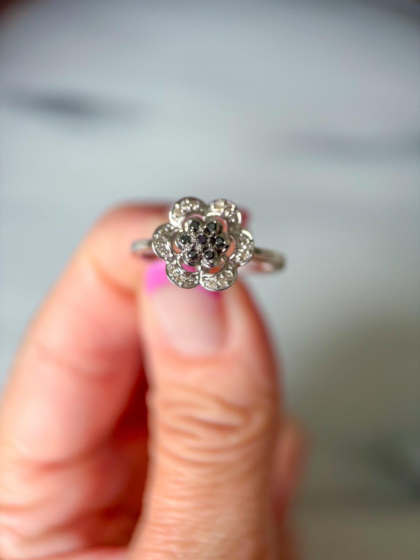 Vintage Natural Black Diamond Flower 14k White Gold Ring