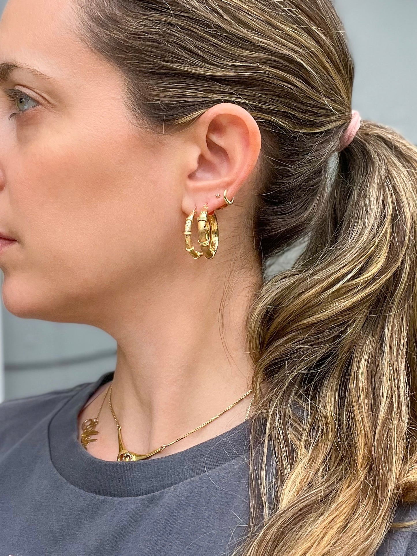 14k Yellow Gold Decorative Tube Hoop Earrings - Two sizes