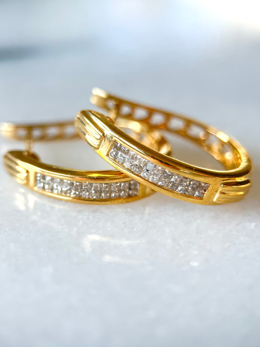 Natural Princess Cut Diamonds 14k Yellow Gold Hoop Earrings with Heart Cut Outs in Back