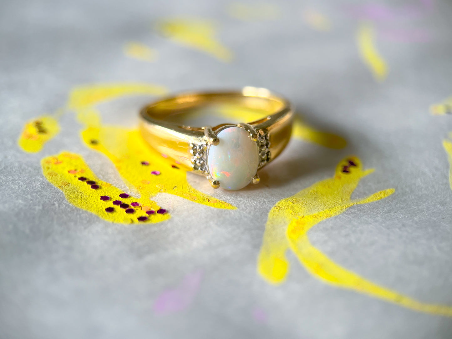 Vintage Natural Opal and Natural Diamond 10k Yellow Gold Ring