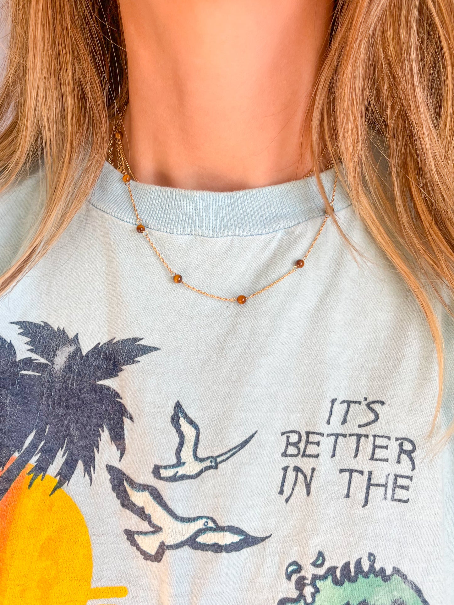 Vintage Tigers Eye Chain 14k Yellow Gold 16 Inch Necklace