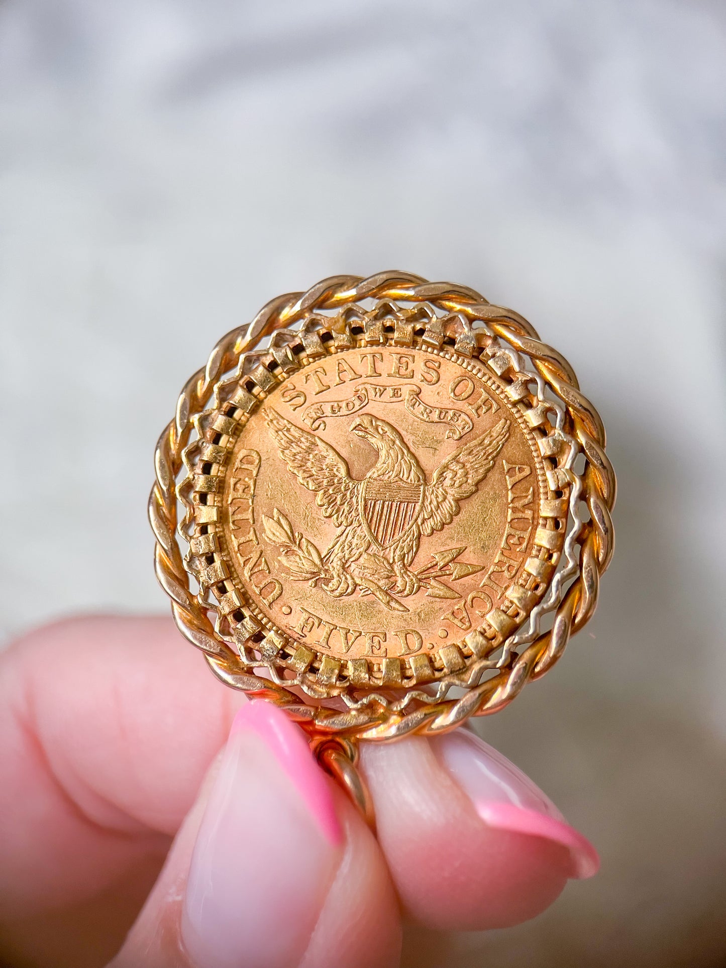 Vintage U.S. Liberty Head 21k Yellow Gold 5 Dollar Coin Pendant
