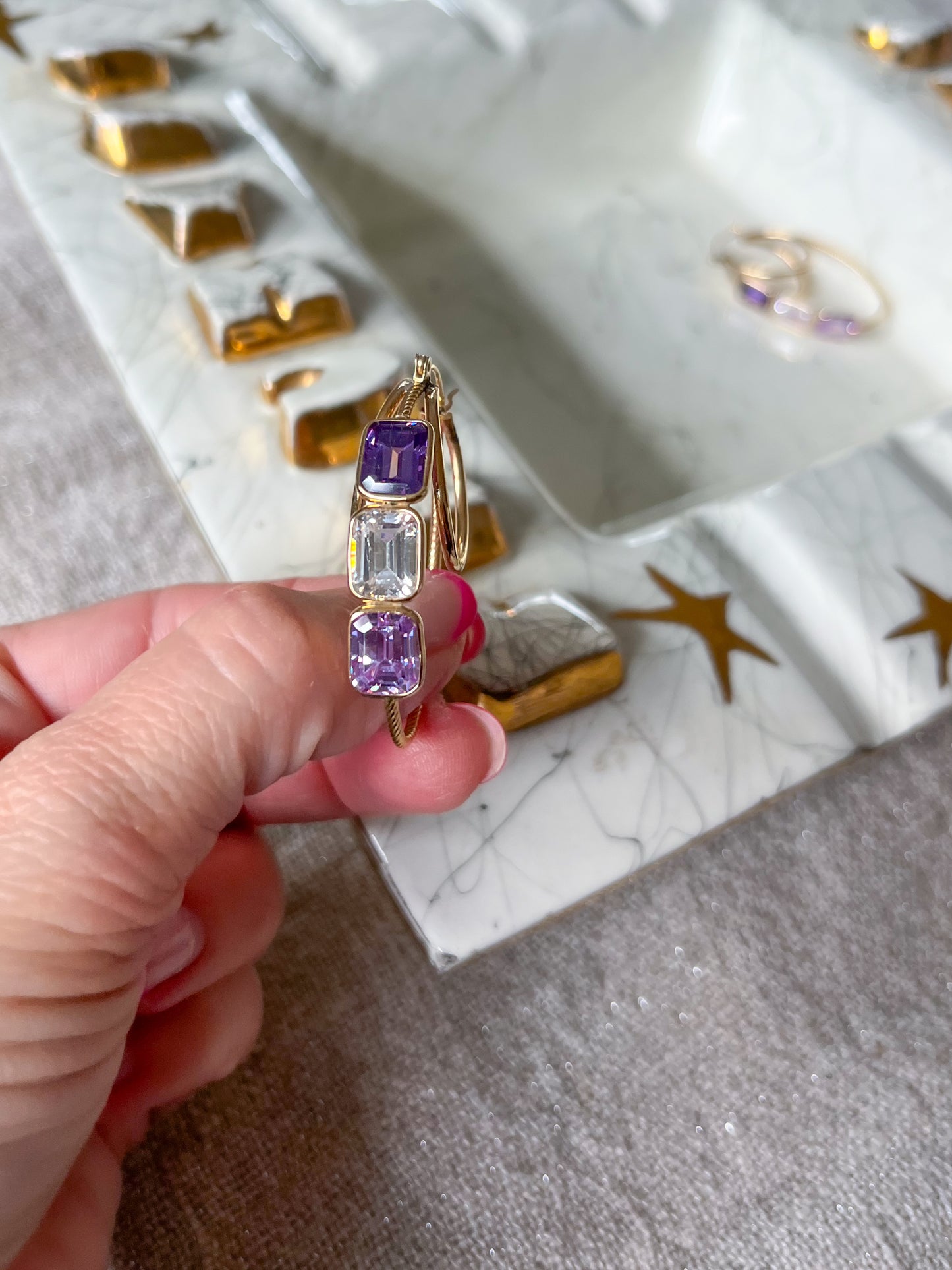 Vintage Amethyst and CZ Three Stone 14k Yellow Gold Hoop Earrings