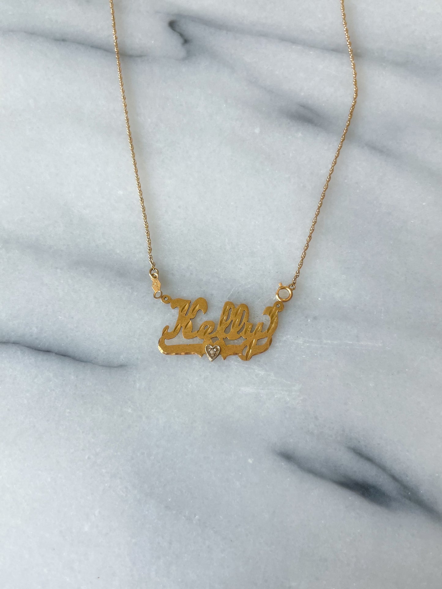 Vintage Name Plates "Kelly" & "Laura" (without chain), 14k Yellow Gold Charms