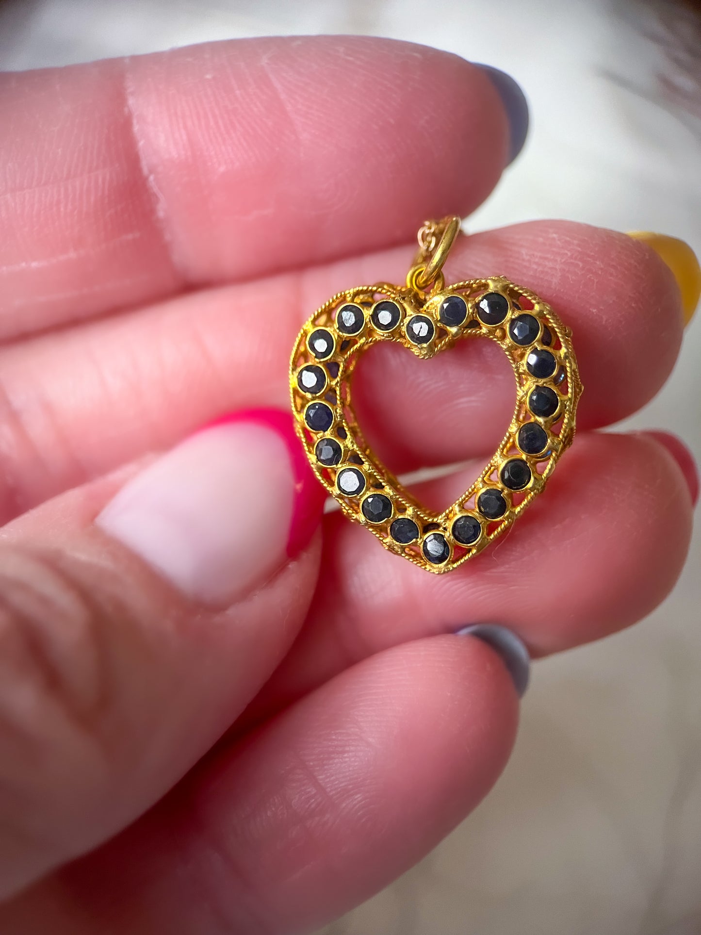Vintage Natural Sapphire Open Heart 18k Yellow Gold Charm, Circa 1990's