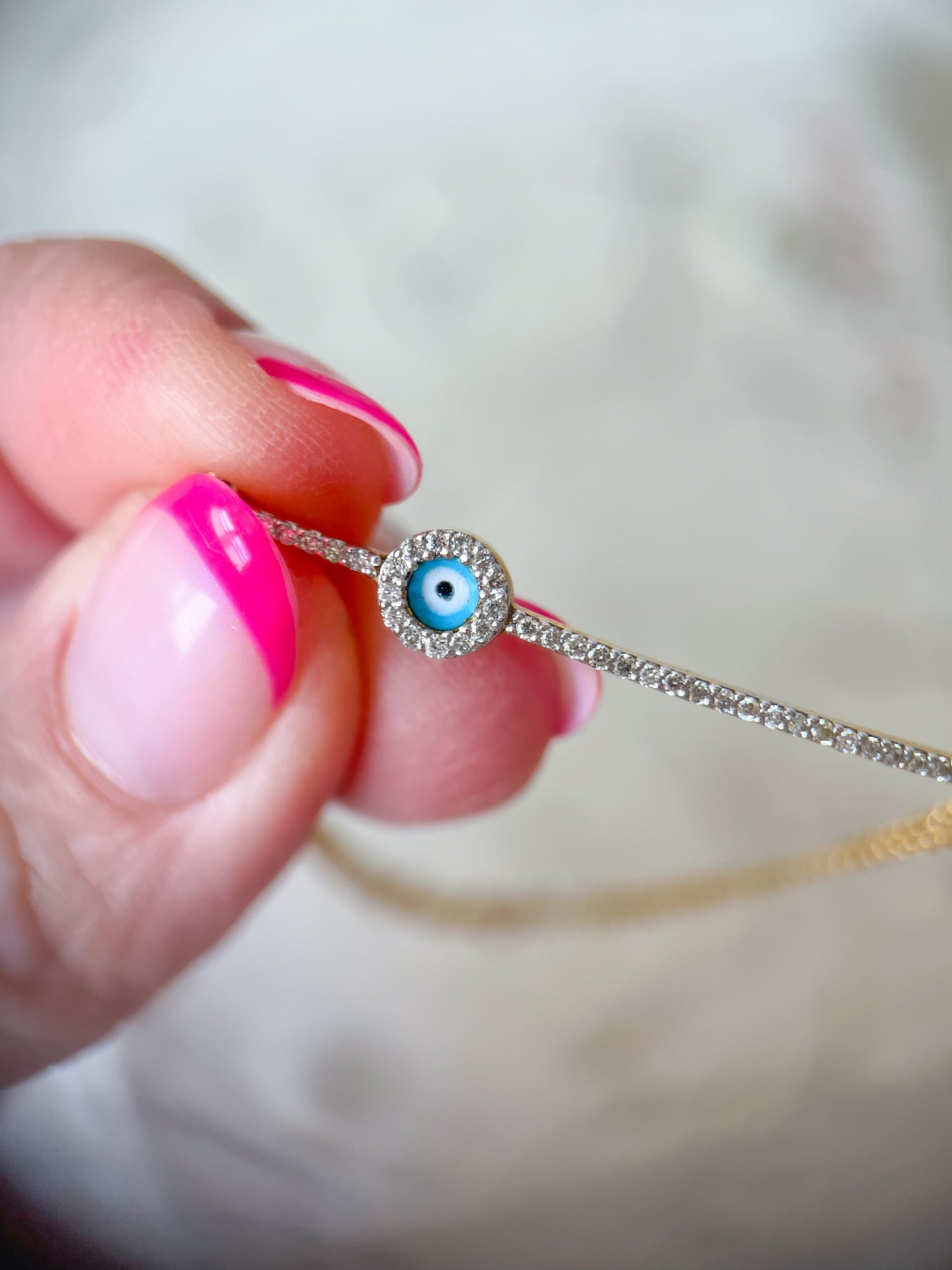 18k Yellow Gold Natural Diamond Evil Eye Chain 7 inch Bracelet
