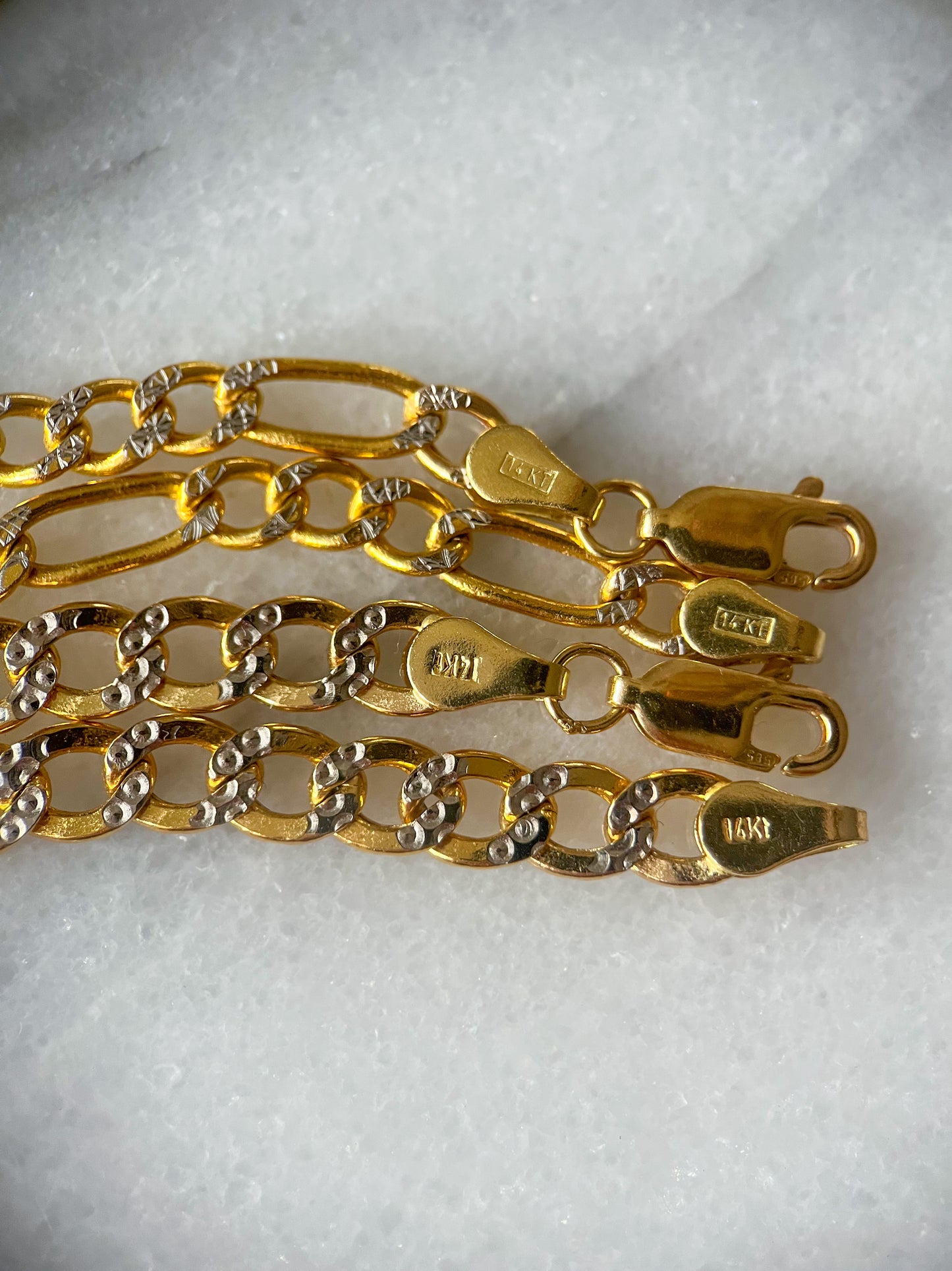 Figaro and Curb Chains with Diamond Cut Accents 14k Yellow Gold Chains
