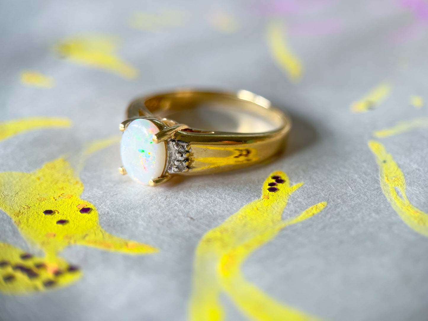 Vintage Natural Opal and Natural Diamond 10k Yellow Gold Ring