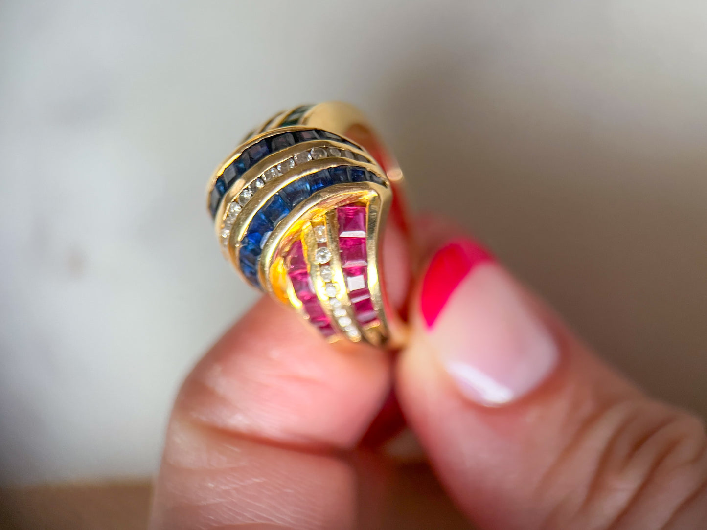Vintage 14k Yellow Gold Natural Sapphire, Ruby, Emerald and Diamond Ring, circa 1990s
