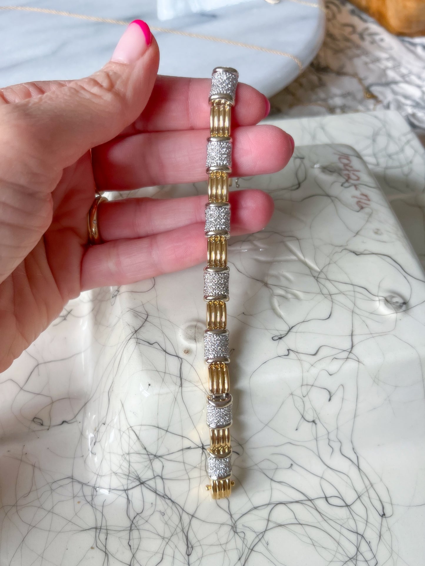 Vintage Natural Diamond 14k White Gold and Yellow Gold Two Toned Heavy 7 Inch Bracelet