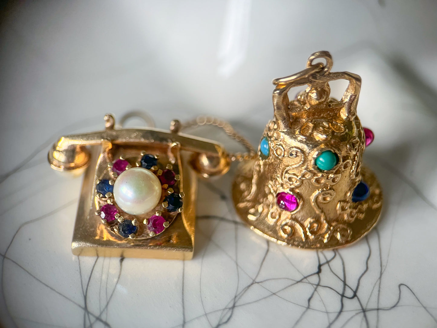 Vintage Bell with Gemstones and Pearls 14k Yellow Gold Charms, circa 1950s
