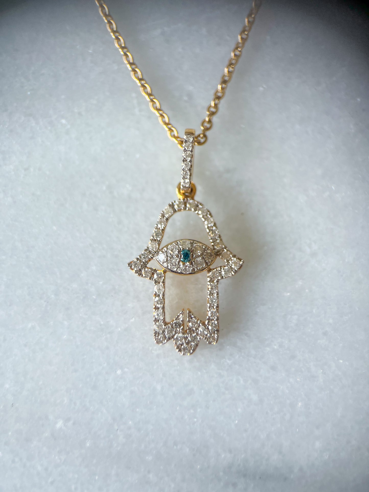 Hamsa Charm with Natural Diamonds and Natural Sapphire 14k Yellow Gold