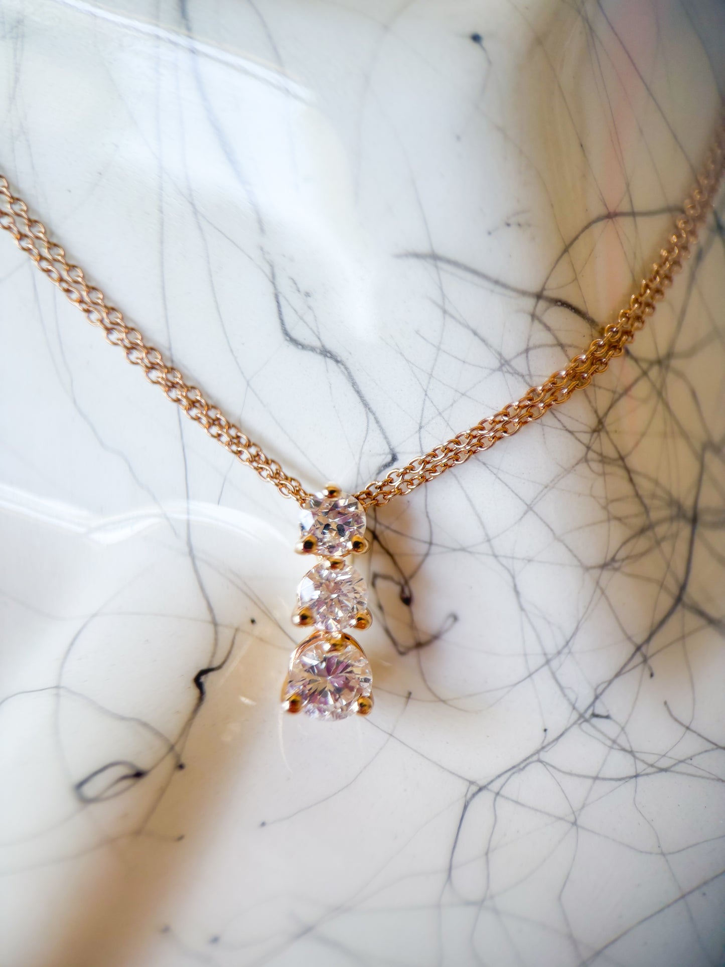 Vintage Natural Diamond Three Stone Drop Pendant with 14k Yellow Gold Attached 17 Inch Chain