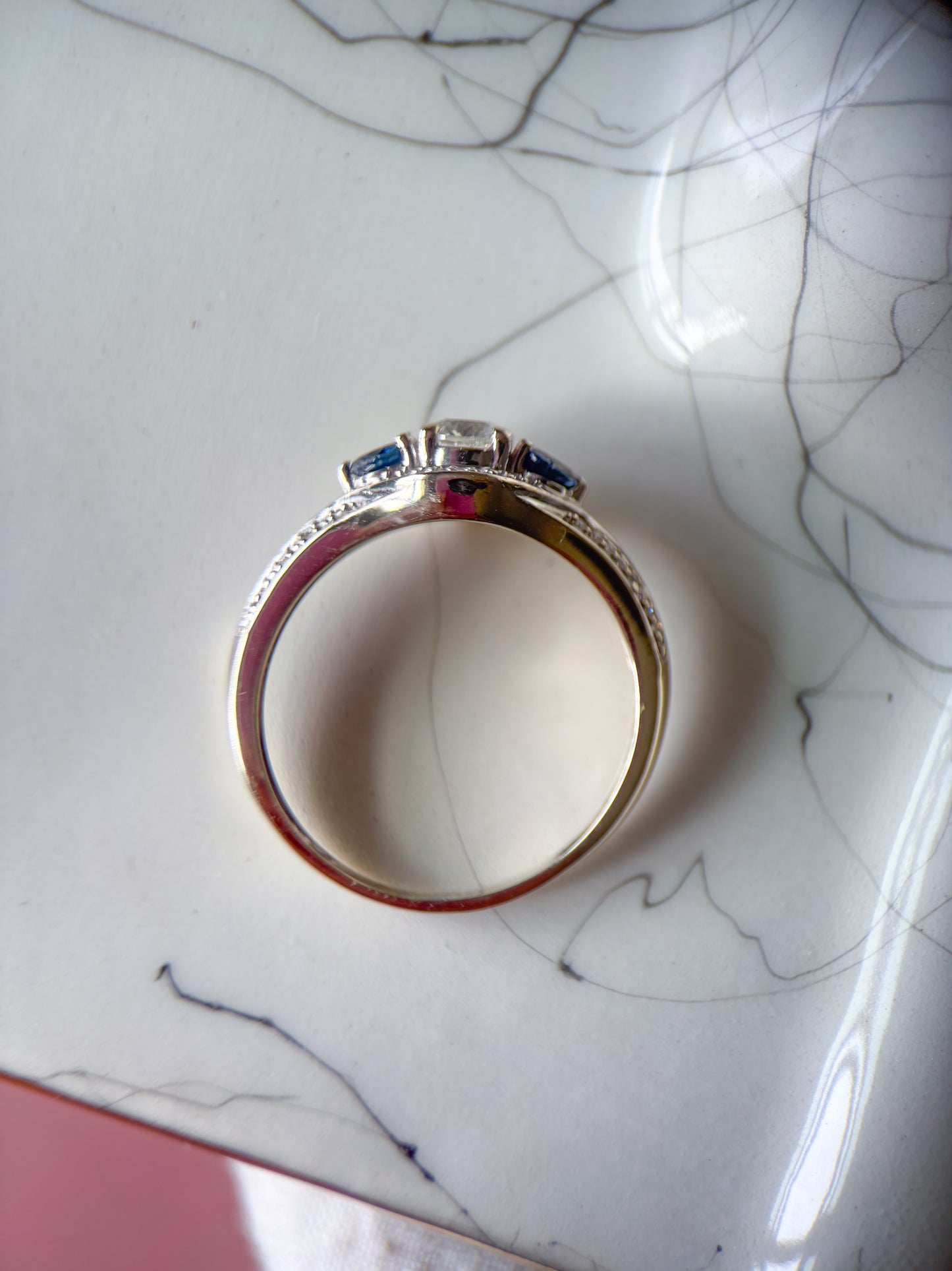 Vintage Natural Diamond and Natural Sapphire 14k White Gold Ring
