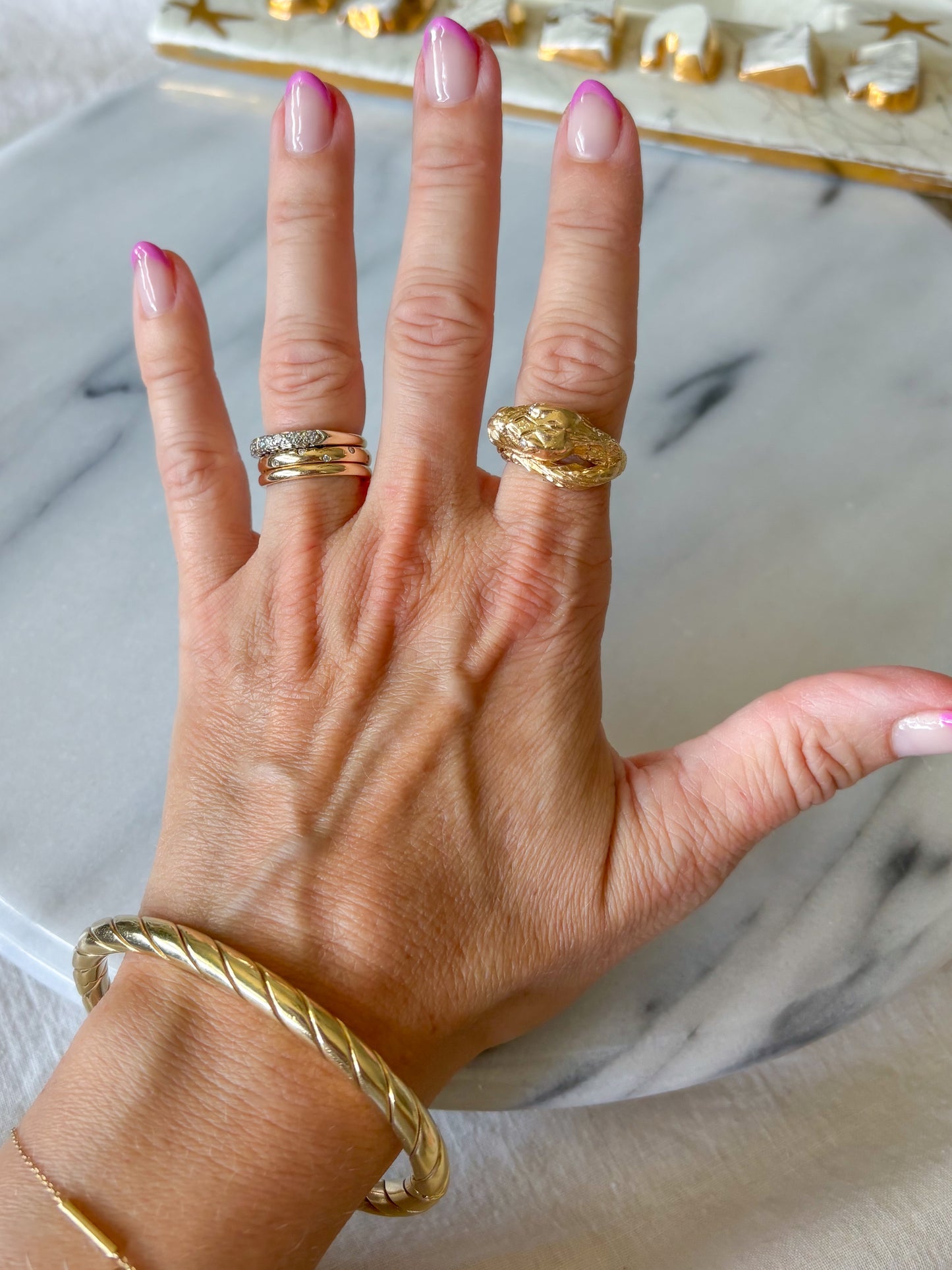Vintage Snake with Natural Diamond Eyes 14k Yellow Gold Ring