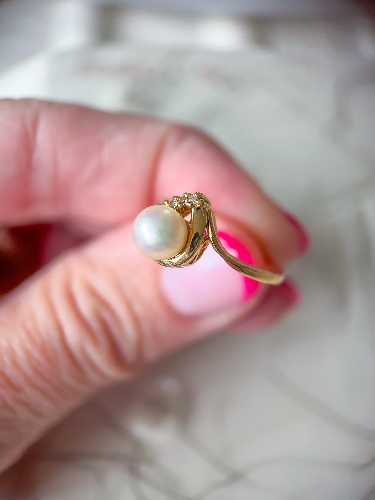 Vintage Natural Pearl and Natural Diamond 14k Yellow Gold Ring