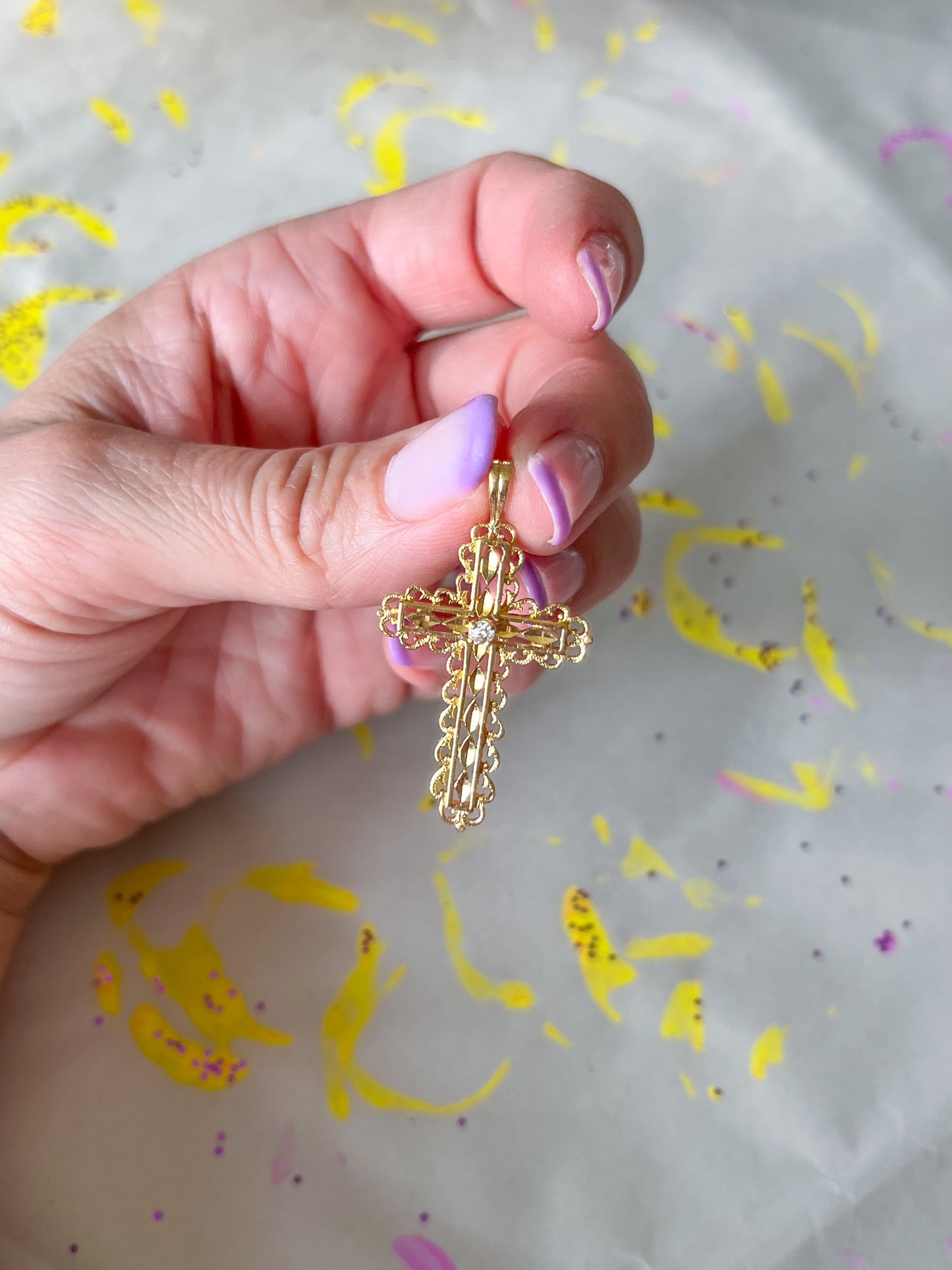 Vintage Natural Diamond Cross 14k Yellow Gold Charm