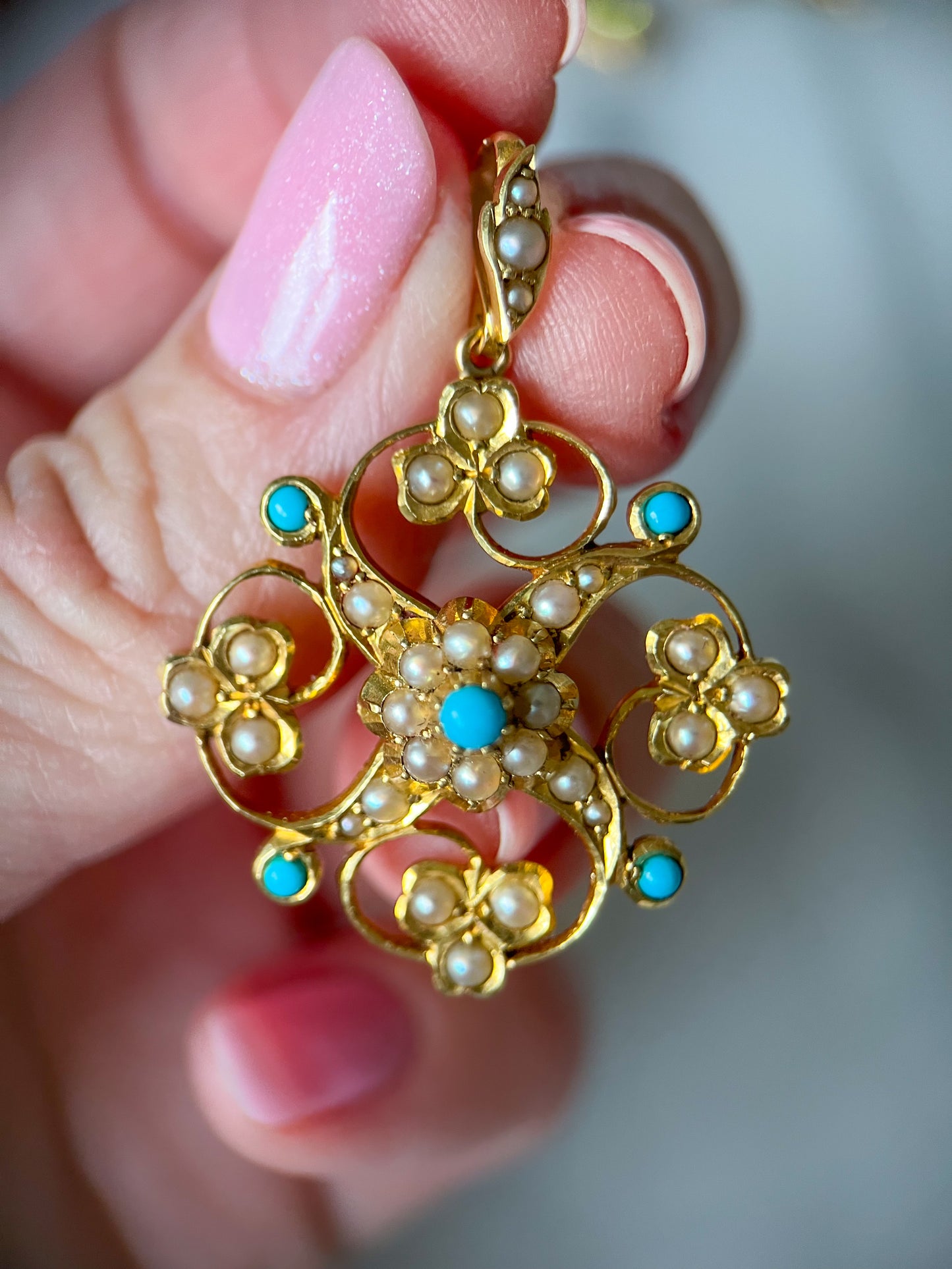 Vintage Turquoise and Pearl Pendant 14k Yellow Gold Charm