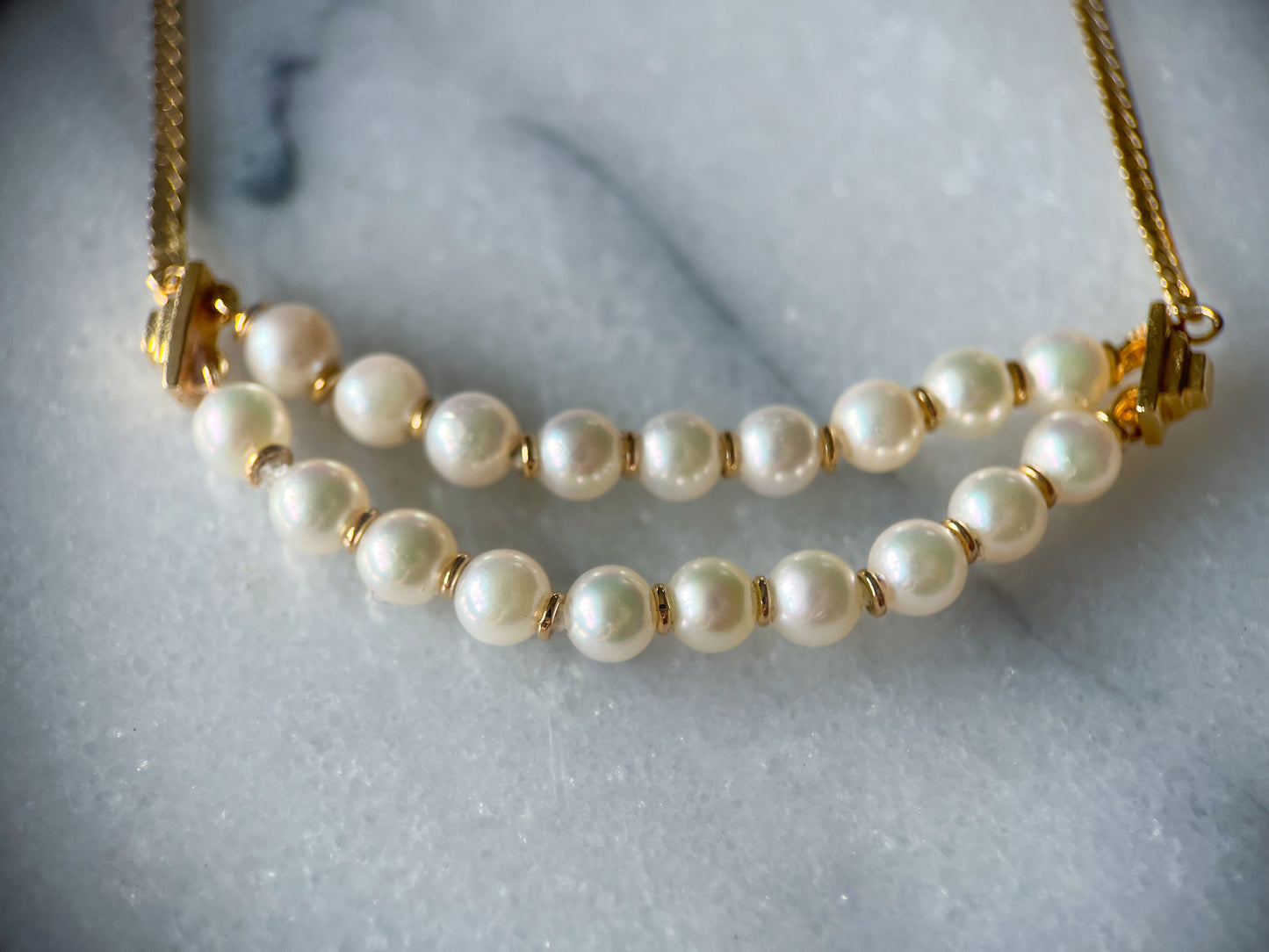 Vintage Herringbone Chain with Pearl Double Accent 14k Yellow Gold 16.5 Inch Necklace