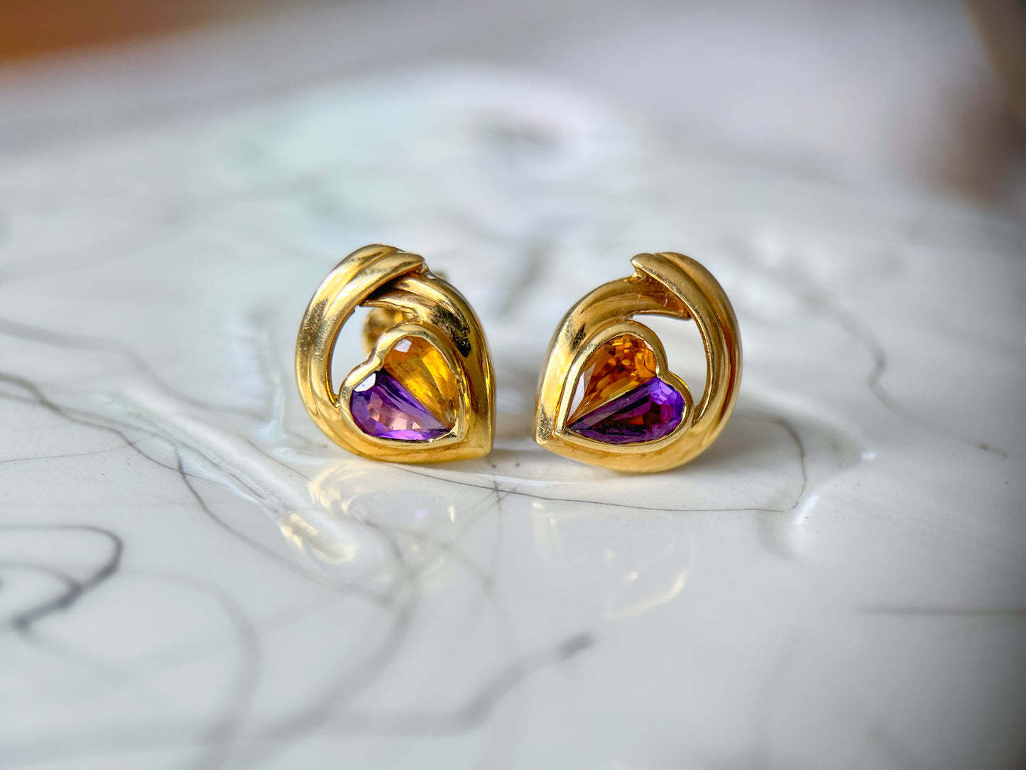 Vintage Natural Amethyst and Natural Citrine Heart Shaped Stud Earrings, circa 1990s
